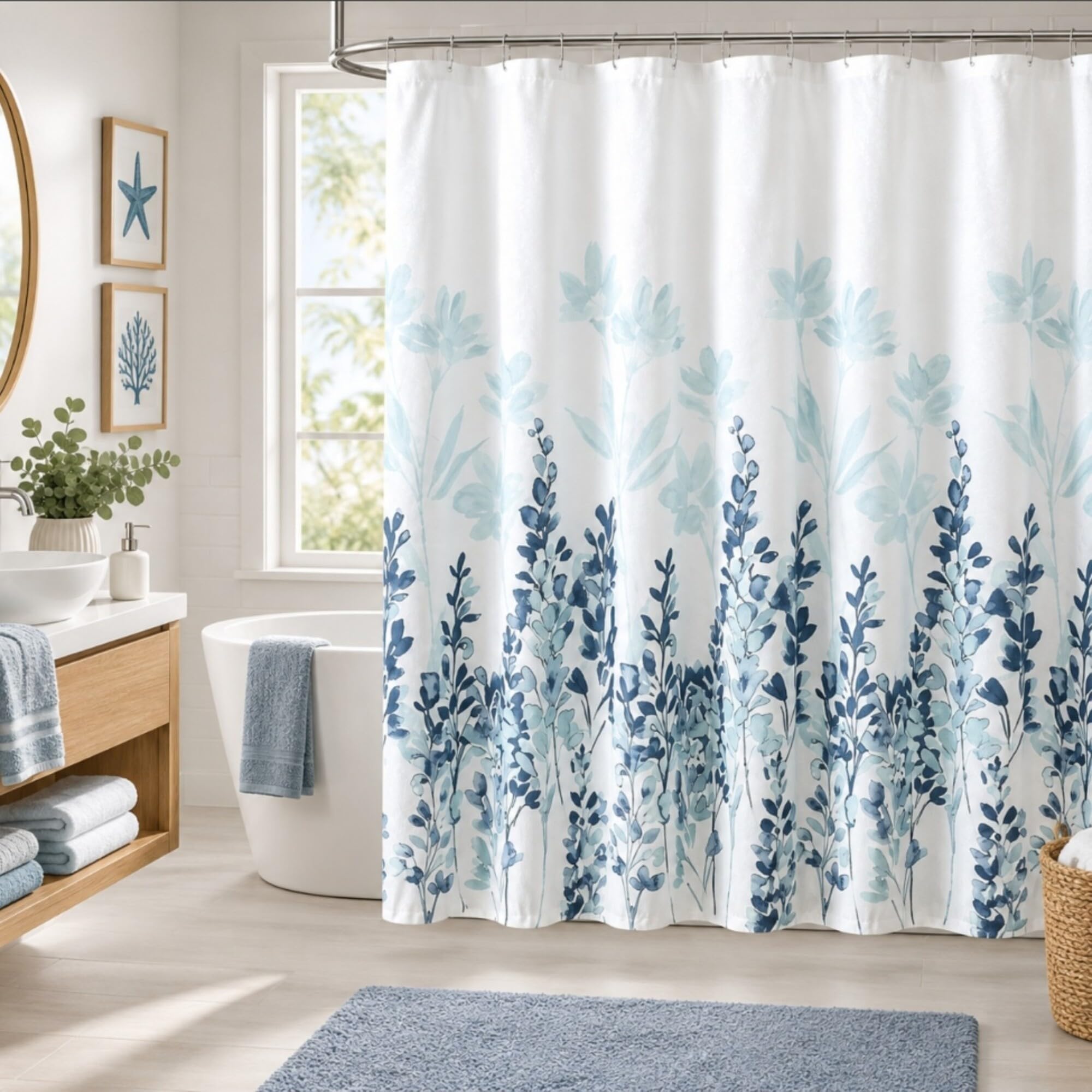 homewards Polyester Floral Design Shower Opaque Curtain with 12 Hooks, Standard, 72" X 72" (180 Cm X 180 Cm)