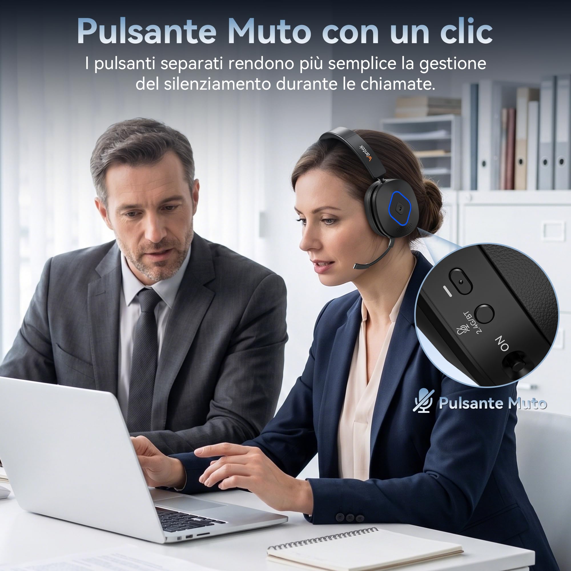 Wantek Cuffie Bluetooth con Microfono, Base di Ricarica e Dongle USB, Bluetooth 6.0, Riduzione del Rumore Microfono, Connessione Multipoint, per PC, Laptop, Teams, Zoom e Ufficio, call center