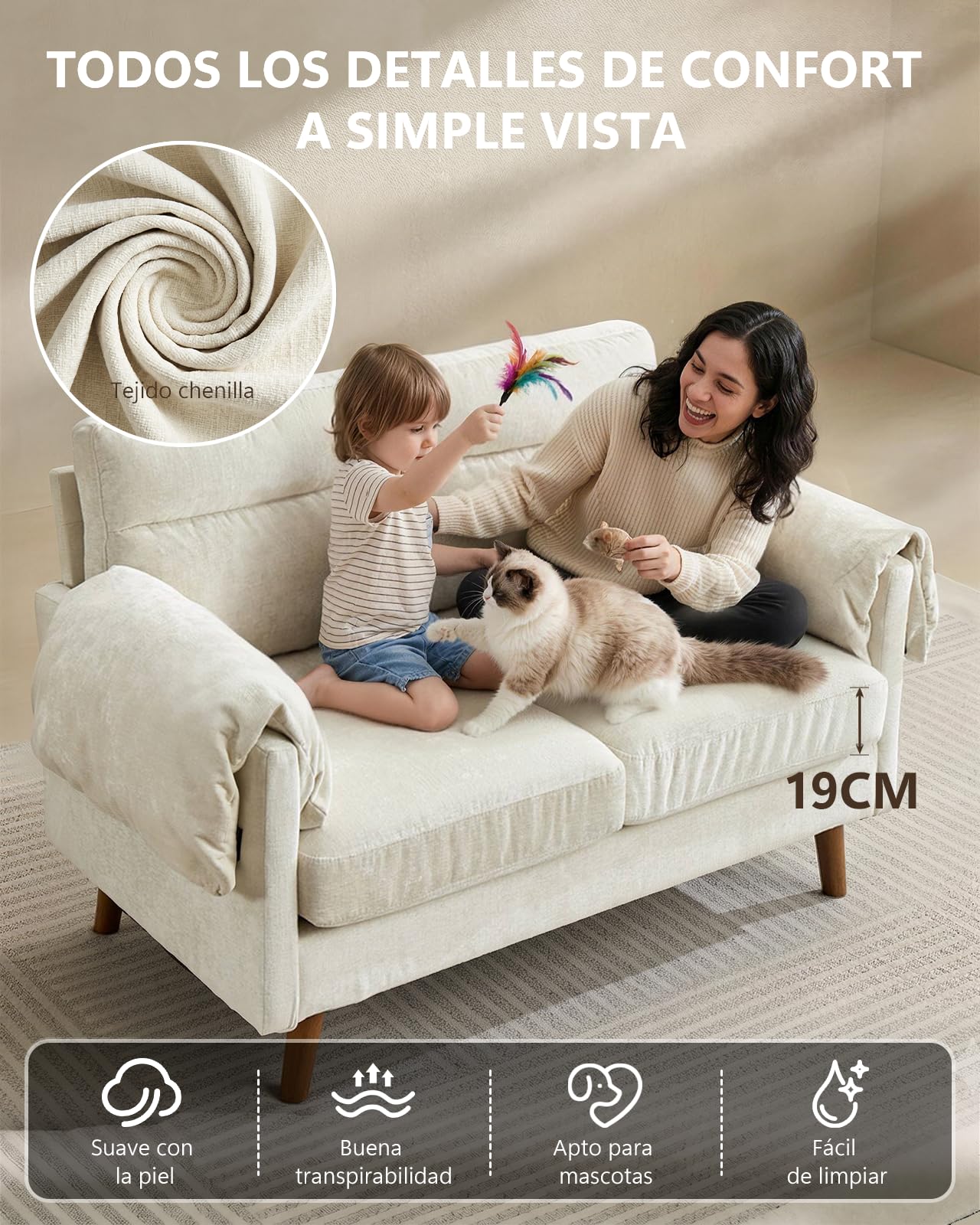 Sofá de 2 Plazas Chenilla Blanco, Diseño Compacto para Salón y Apartamento
