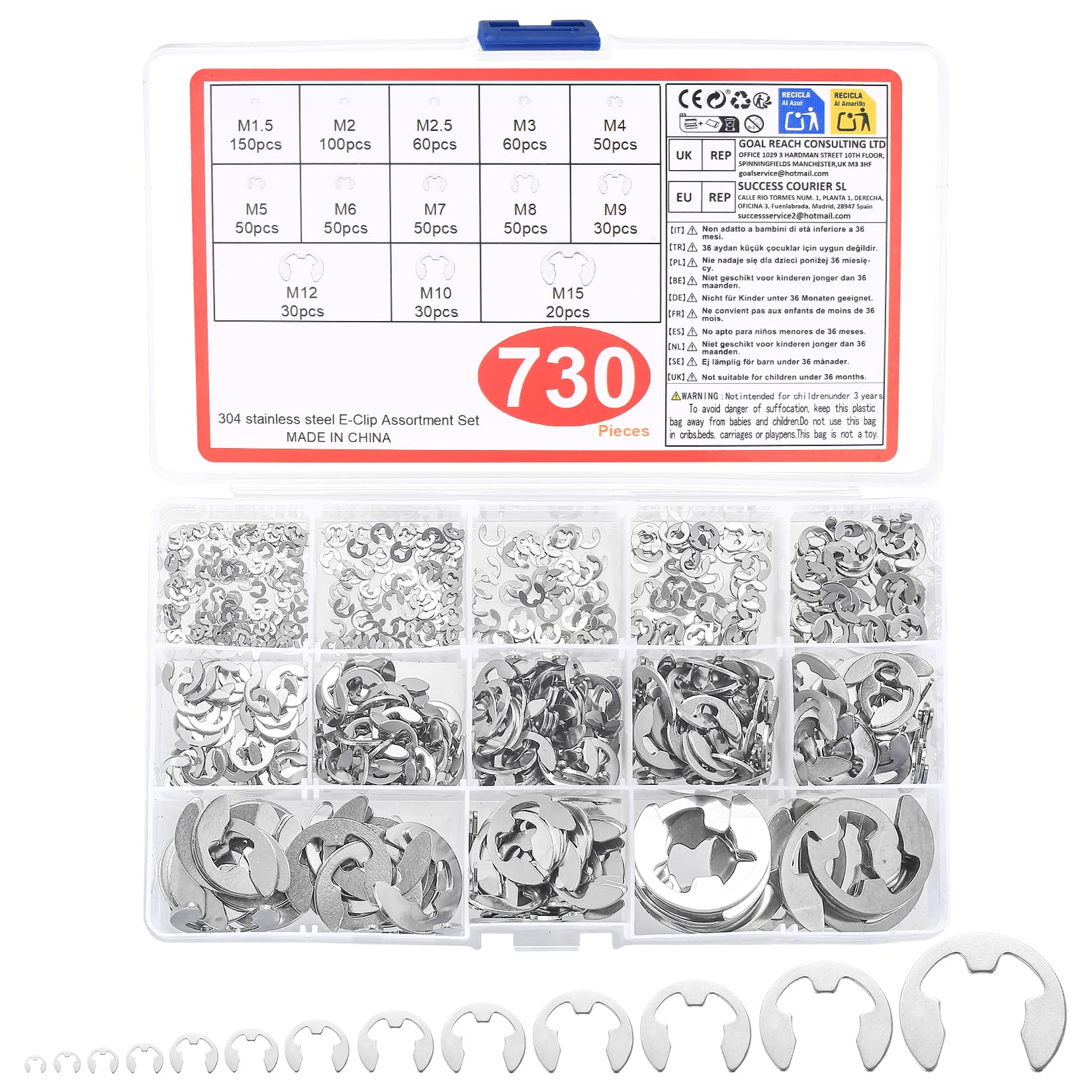730 Pcs Stainless Steel Circlips Assorted Sizes，E-Clips Assortment，C Clips