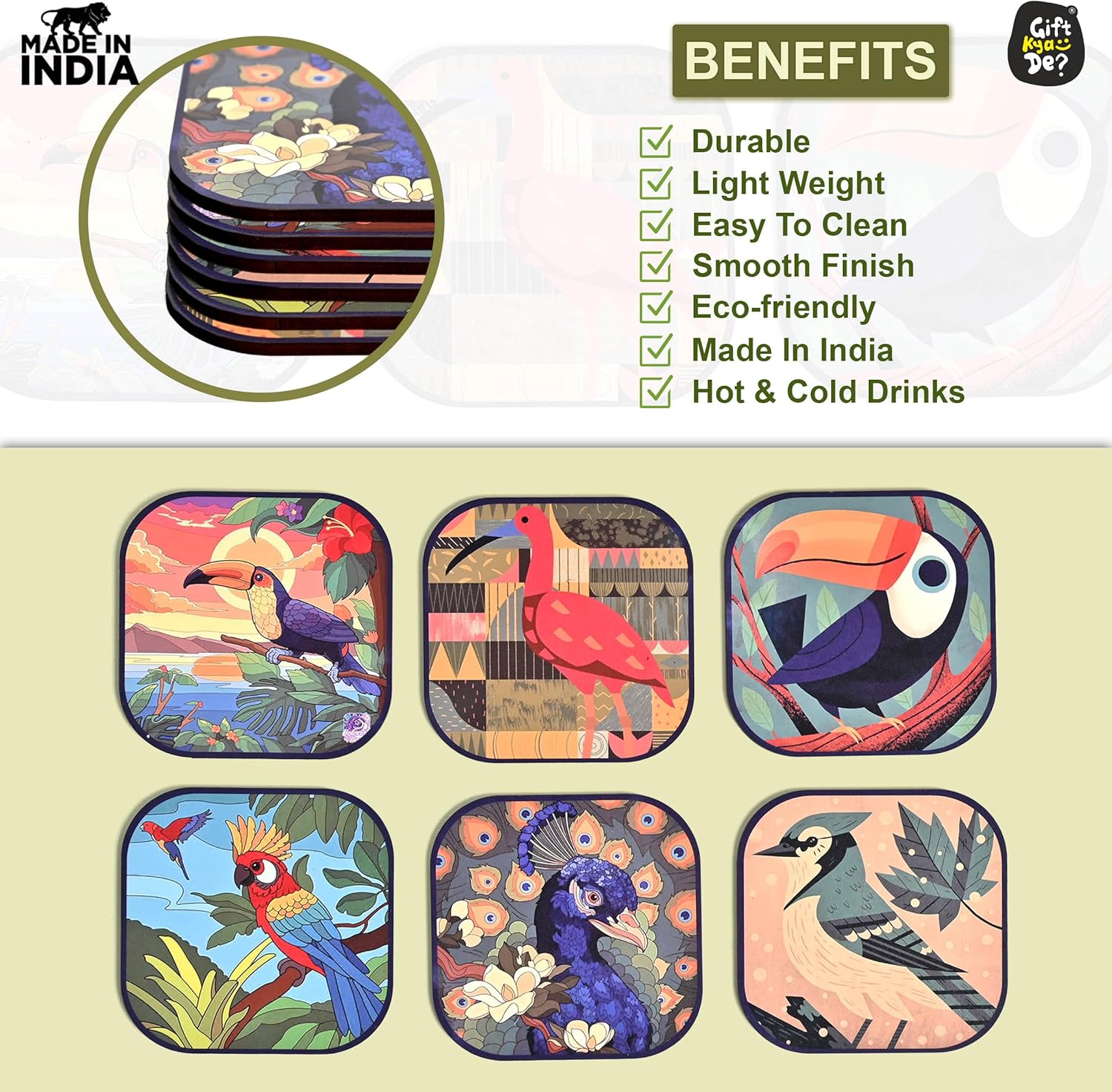 GKD Wooden Coasters for Drinks, MDF Coasters Set of 6 with Holder, Bird Design, 3.8 inches Eco-Friendly Absorbent Coaster for Coffee Table, Bar, Drinking Glasses, Tabletop Protection
