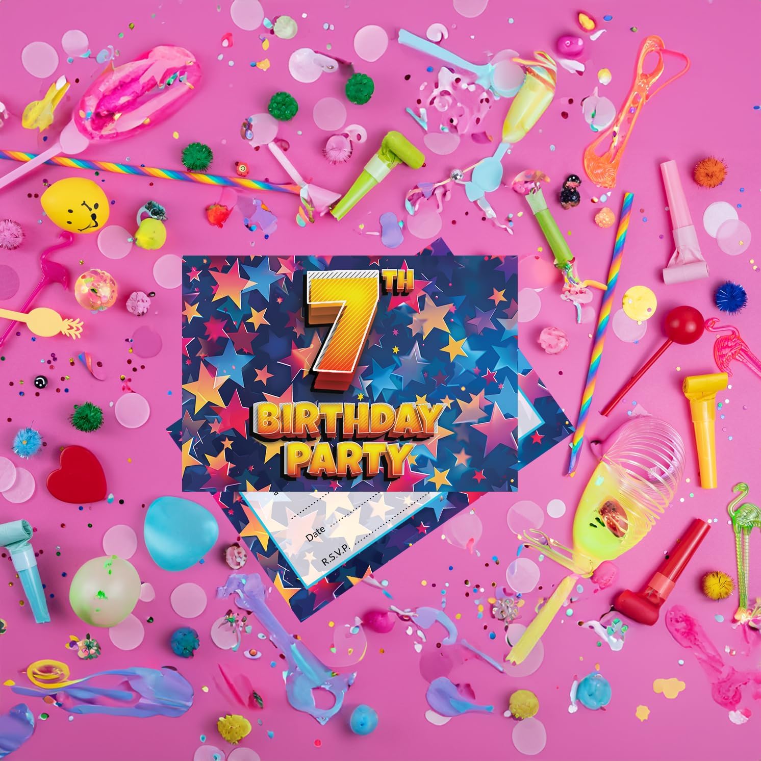 7th Birthday Party Invitations Kids - Celebration Stars 20 Pack - Childrens Birthday Invitations for Boys/Girls A6 Bday Party Invites Invitation Cards with Folding Envelopes