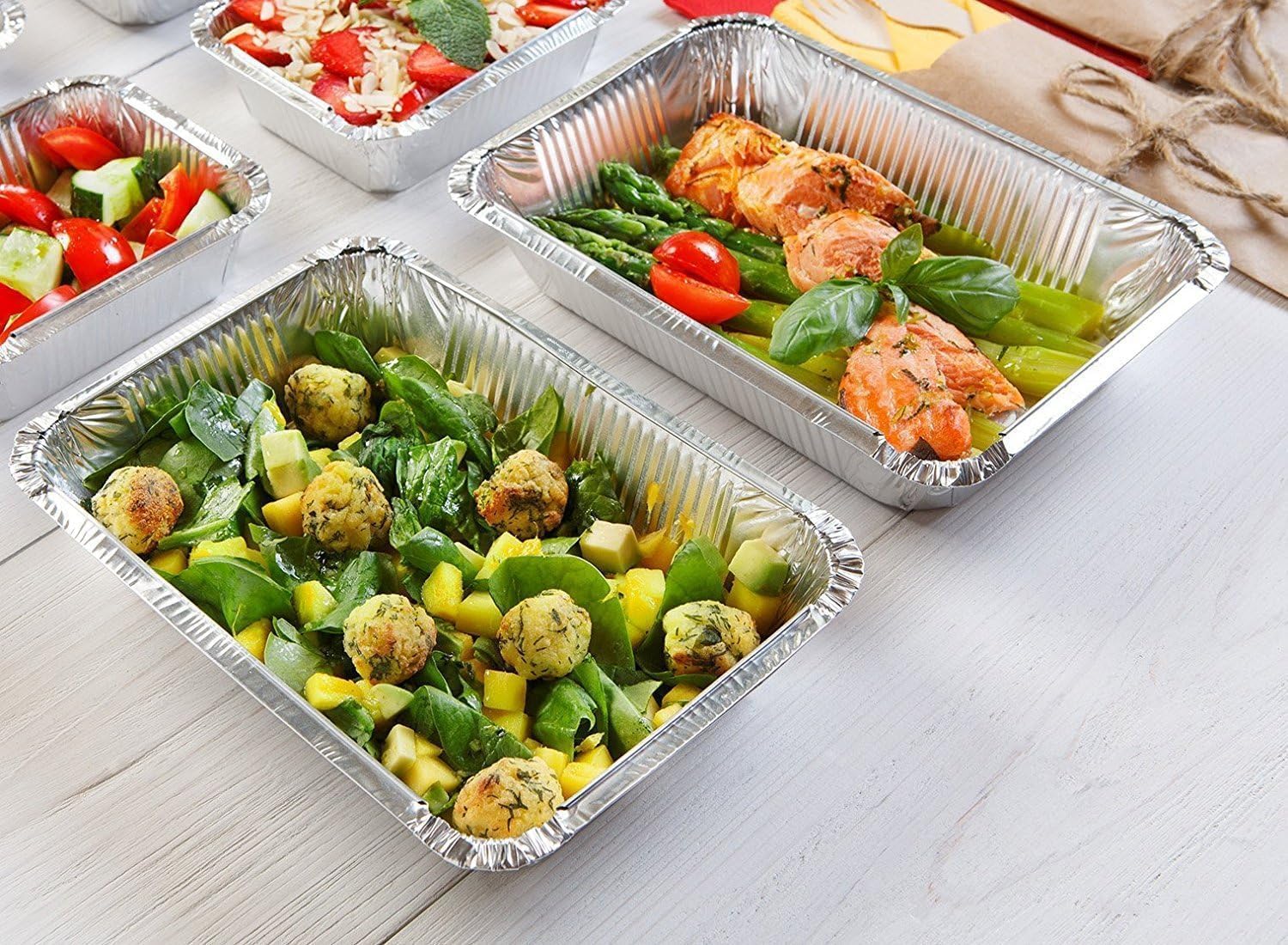 50 HEAVY DUTY desechables rectangular de aluminio sartenes de aluminio con tapa cubre | 100% reciclable lata bandeja de almacenamiento de alimentos | extrasturdy recipientes para cocinar, hornear,