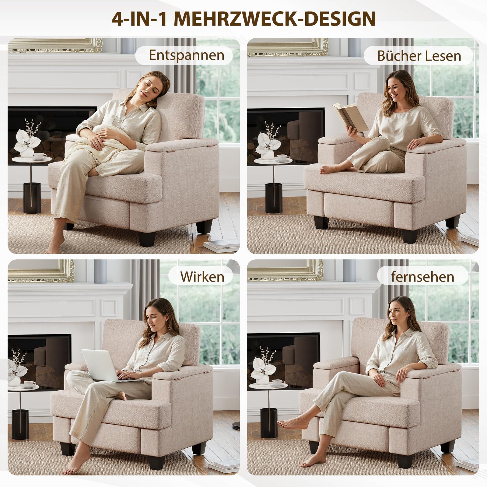 Extragroß Ohrensessel Sessel Wohnzimmer mit Stauraum, Fernsehsessel Relaxsessel mit Stauraum & Wurfkissen mit Armlehnen, Polstersessel Einzelsofa für Wohnzimmer Schlafzimmer, Beige