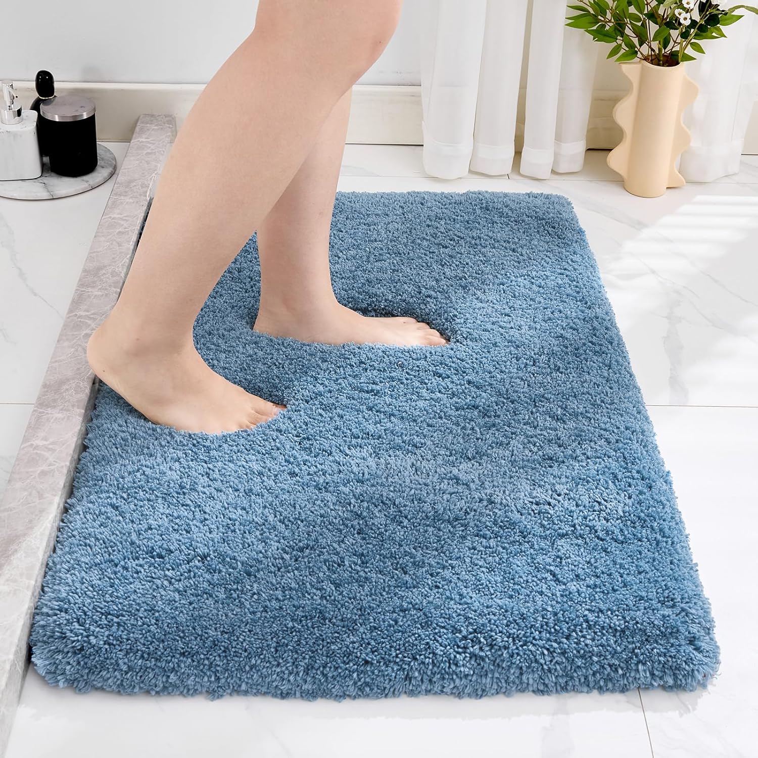 Small Bathroom Rug 17x24 Non Slip Blue Fluffy Bath Mat for Bathroom Floor Washable Plush Luxury Bath Rug for Tub Soft Shaggy Absorbent Shower Mat