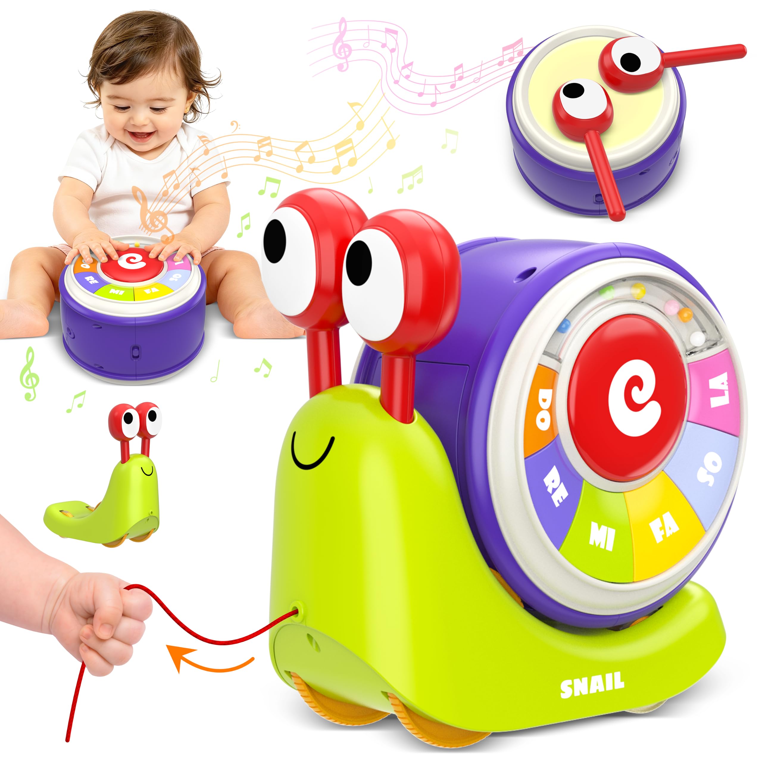 3 in 1 Musical Toddler Toys for 1-3 Year Old, Pull Along Snail Toy with Baby Piano and Light Up Drum Set, Early Learning Developmental Toys, Sensory Baby Toys and Birthday Gifts for Toddlers