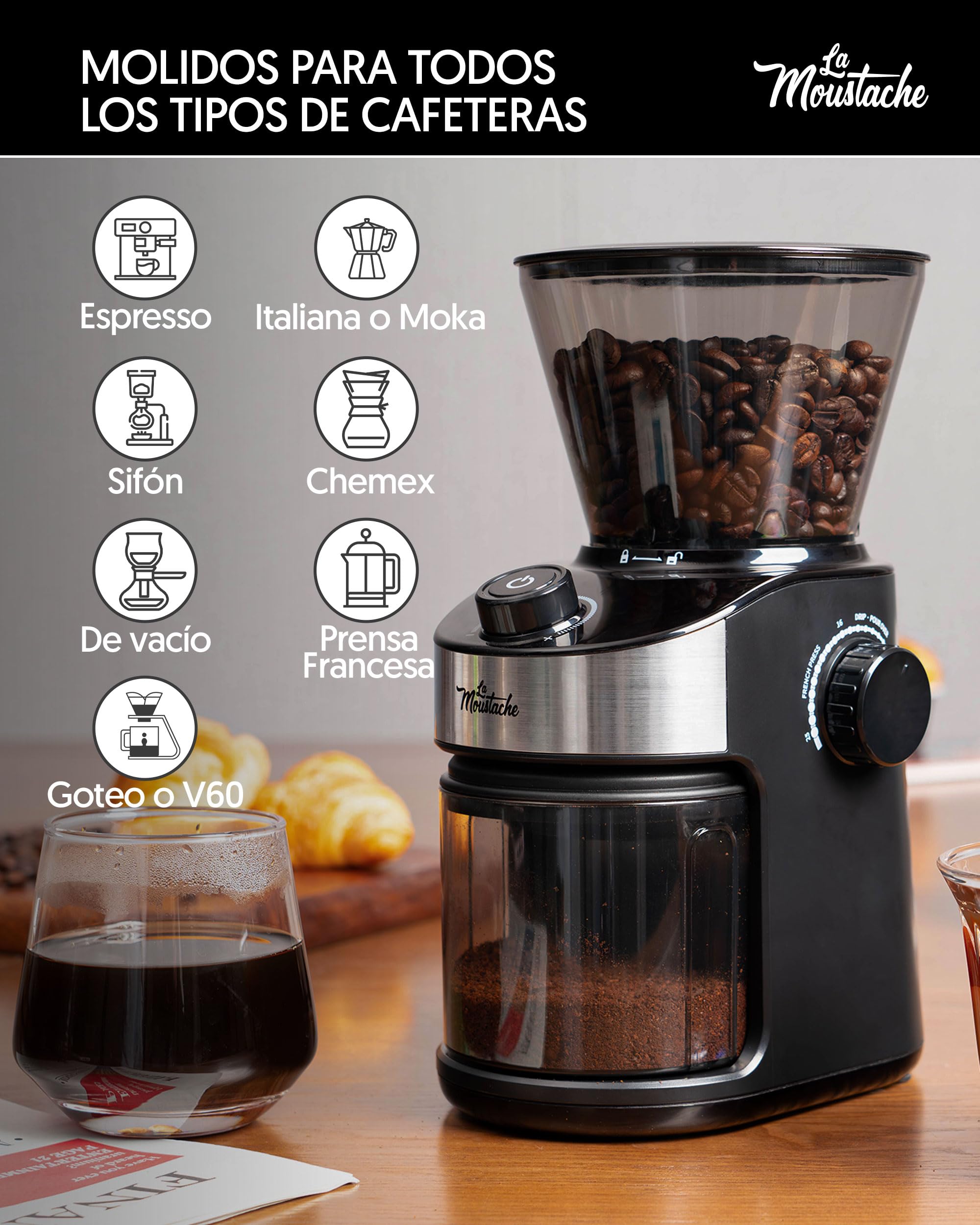 La Moustache - Molinillo de Café Eléctrico 200W con Mecanismo Plano de Acero Inoxidable 190g | 25 Grados de Molido【Bajo Ruido】Contenedor Transparente, Temporizador y Cepillo (GrindMaster Black)