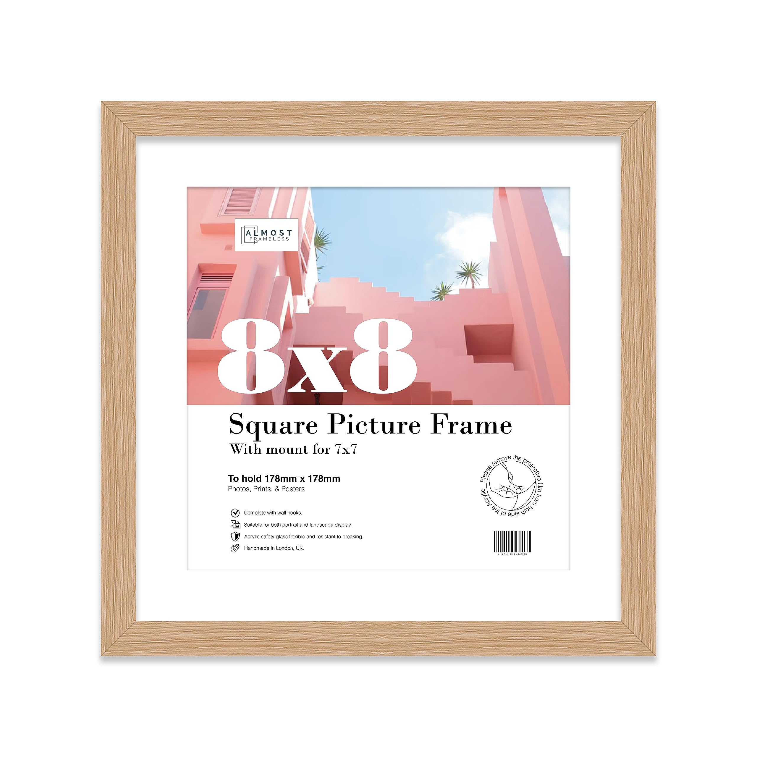 Almost Frameless 8x8 Picture Frame, Display Pictures 7x7 With Mat or 8x8 Without Mat, Wall Hanging & Free Standing Photo Frame, Oak, 1 Pack