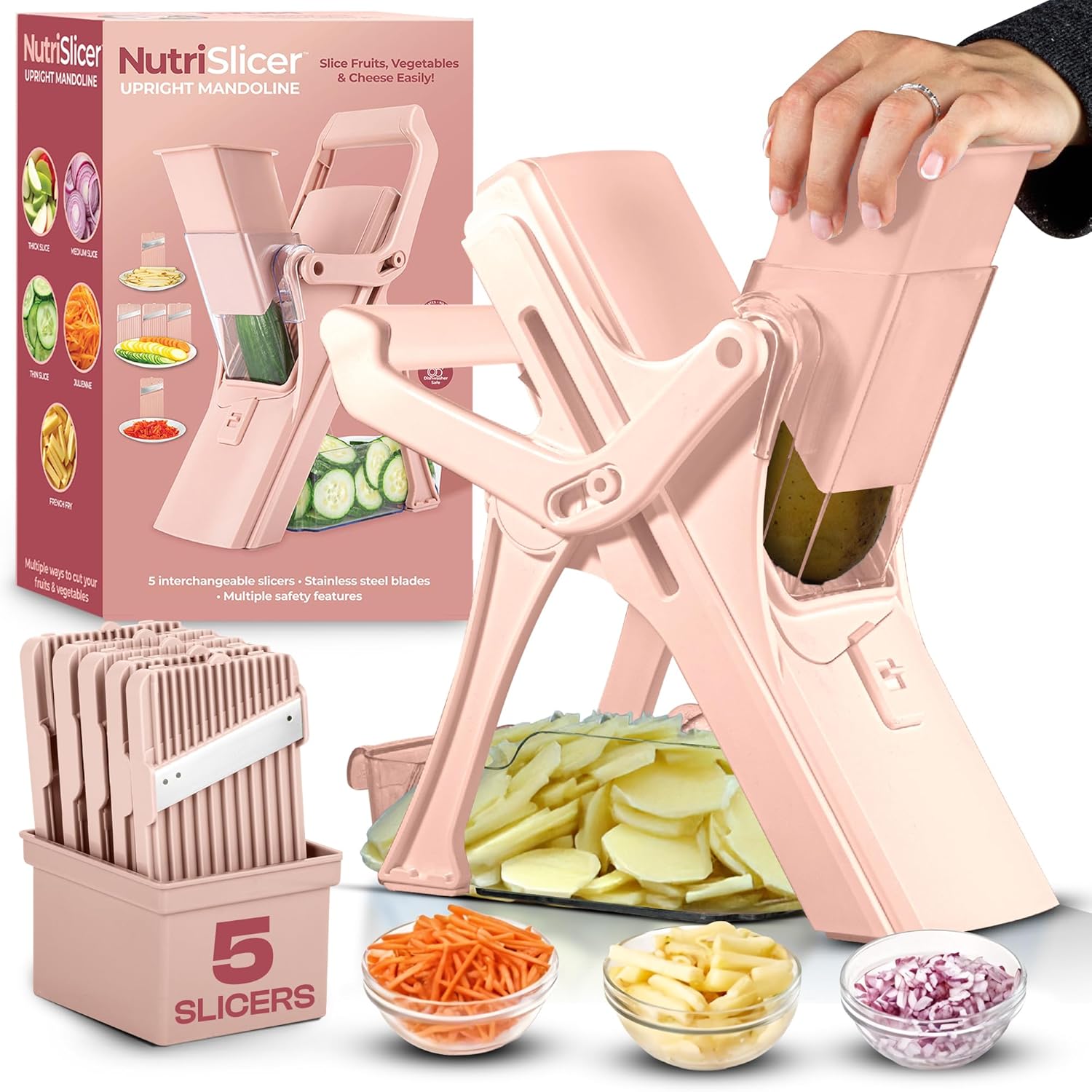 EMSON Safe Mandoline Slicer for Kitchen, All in 1 Mandoline Slicer for Food Works as Potato Slicer, Vegetable Slicer, Food Slicer, French Fry Cutter and More with 5 Blades and Storage Container