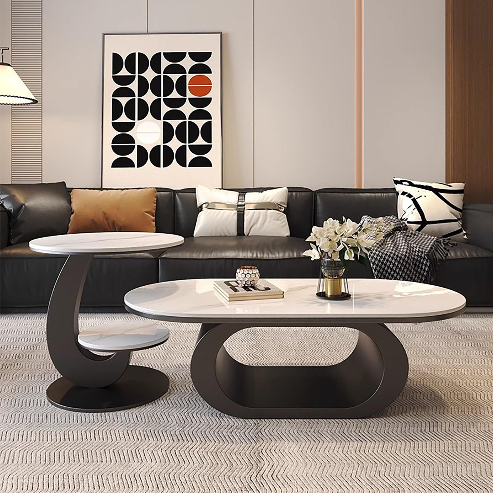SXZenSpace 39" Oval Marble Coffee Table for Living Room,Modern Luxury Black Metal Base Center with Nesting End Home Decor,E,120x60x42cm(47x24x17inch)