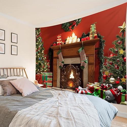 HVEST Tapiz navideño para colgar en la pared, regalo de calcetín de árbol de Navidad y corona, tapiz de bolas de Navidad de invierno para sala de