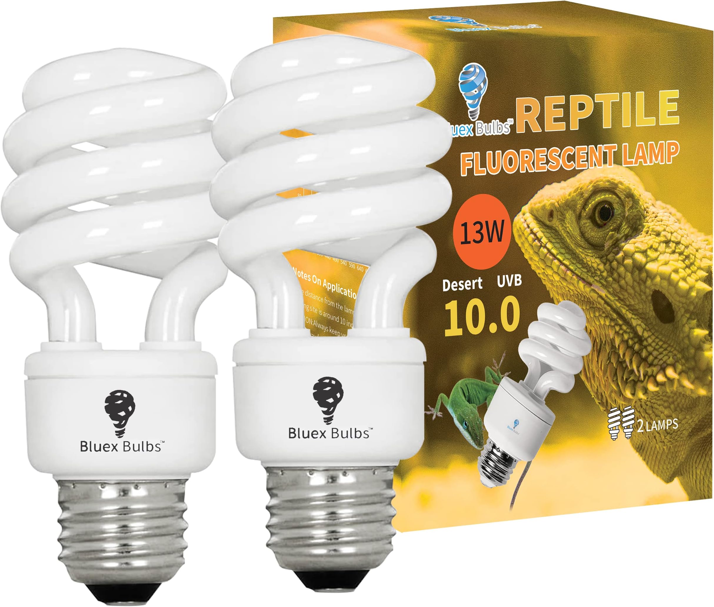 2 Pack 13-Watt Reptile Bulb Desert UVA UVB Light - 10.0 UVB Reptile Light - Compact Florescent Terrarium Bulb Suitable for Desert Reptiles Lizards Bearded Dragons Tortoises CFL UVB Bulb (13 Watt 10.0)