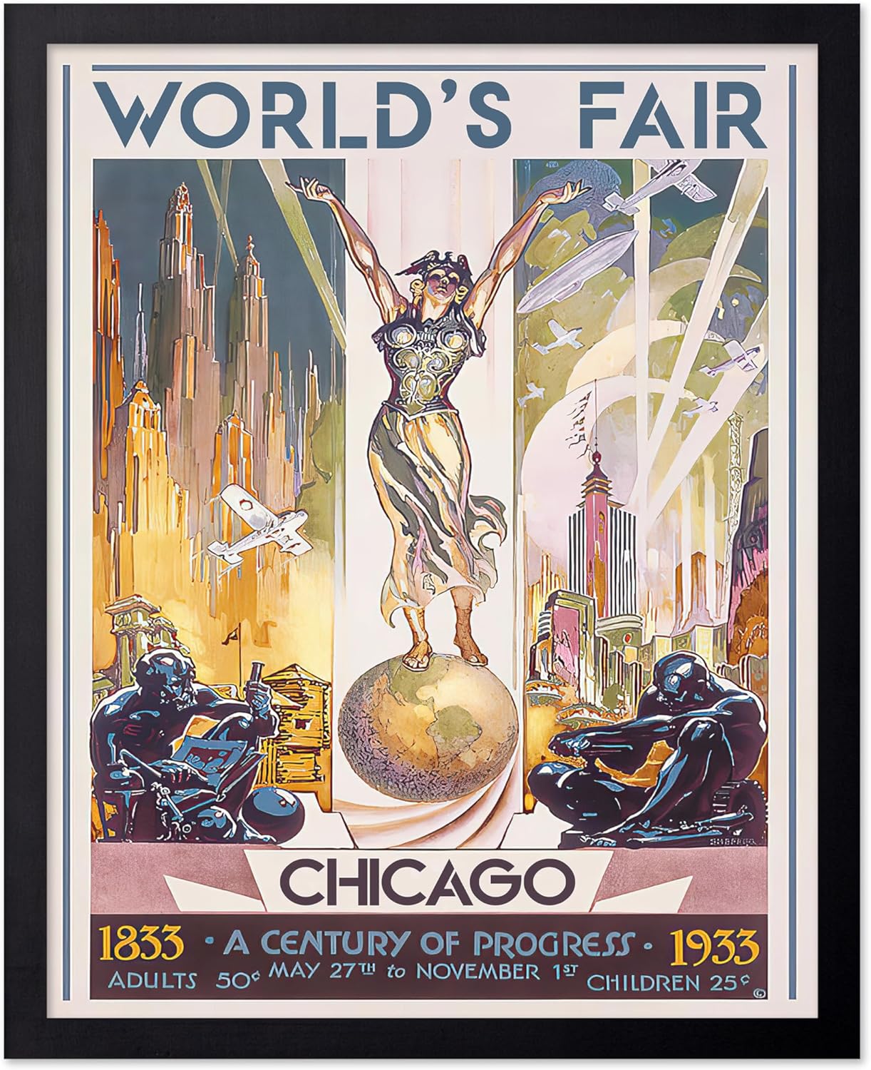 Poster Master Vintage Travel Poster - Retro Tourism Print - World's Fair Chicago, Illinois, Woman on Globe, Aesthetic - Gift for Artist, Friend - Wall Decor for Home, Office, 8x10 Black Framed