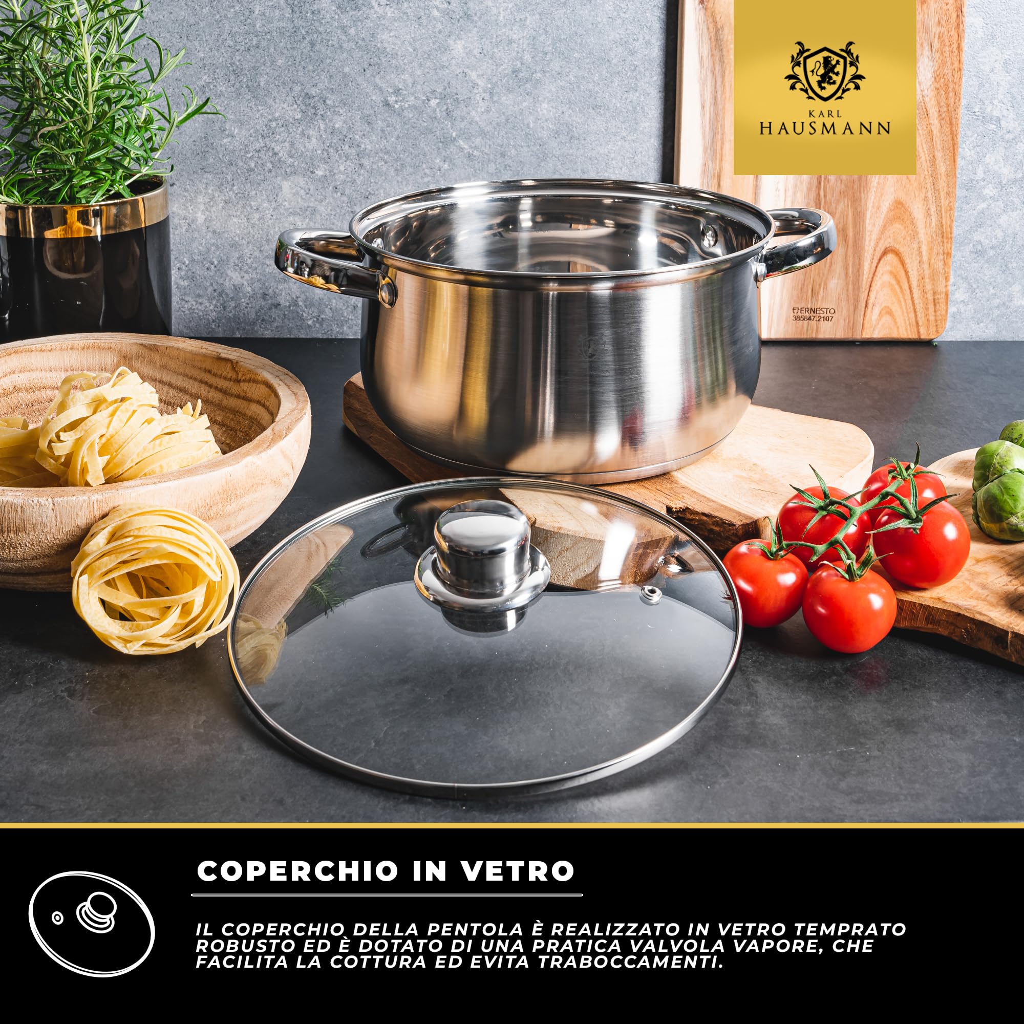 KARL HAUSMANN Set Pentole Acciaio Inox con Coperchi in Vetro - 3 Pentole, Adatte a Induzione, Fondo Multistrato per Cottura Uniforme, per Tutti i Piani Cottura, Lavabili in Lavastoviglie
