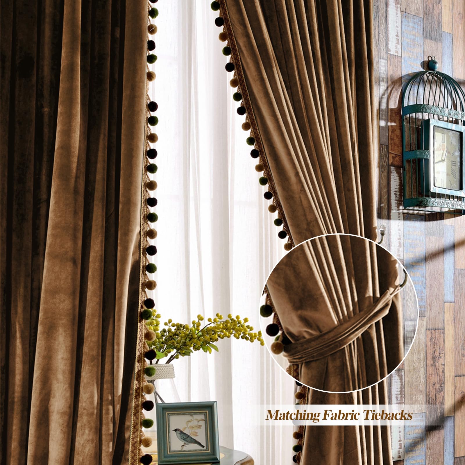 Melodieux Pom Poms Samt-Verdunkelungsvorhänge für Wohnzimmer, Schlafzimmer, Vintage-Stil, luxuriös, energiesparend, Stangentasche, wärmeisoliert, gefütterte Vorhänge, 132 x 244 cm (B x L), Goldbraun