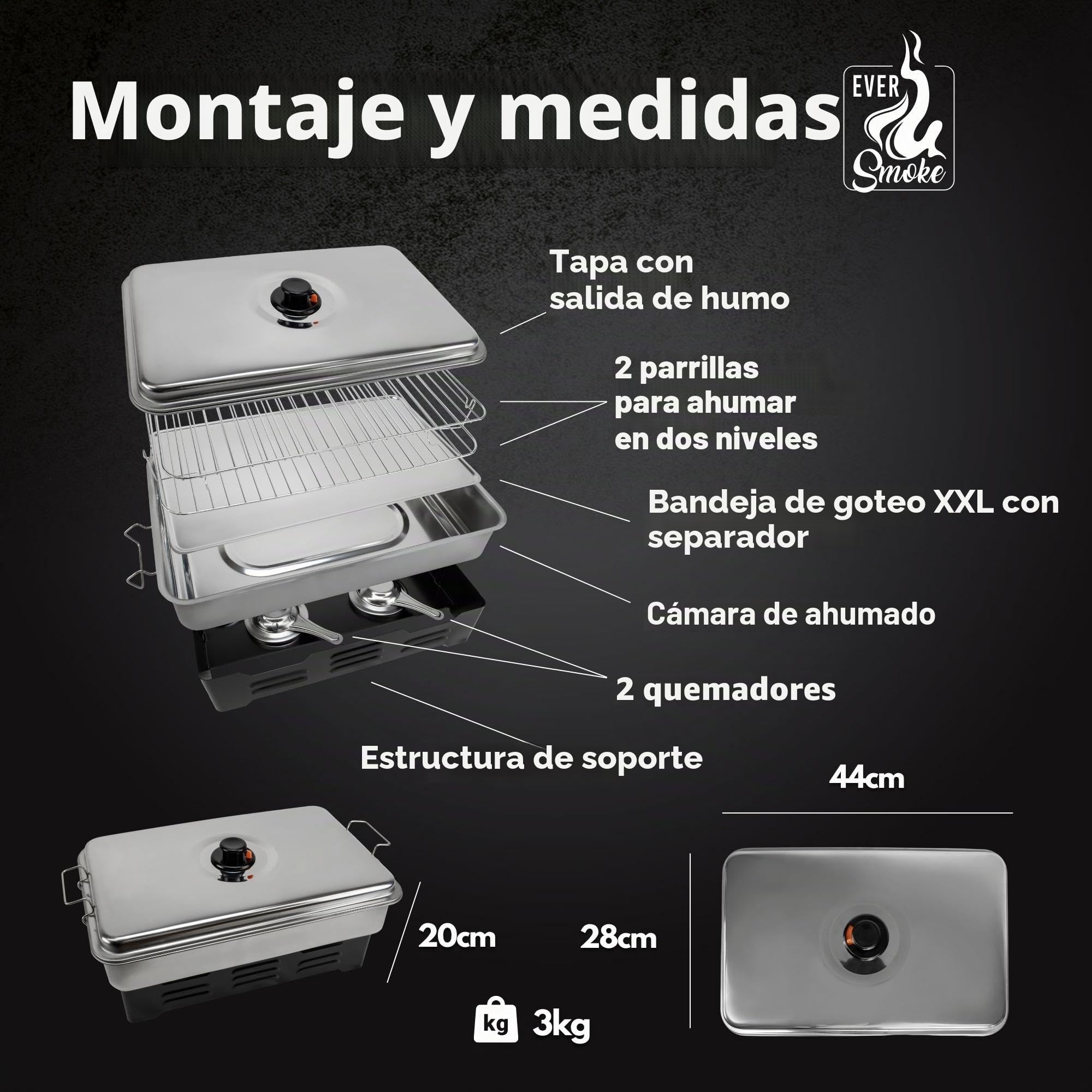 Deluxe Horno de ahumar de mesa XL de acero inoxidable con pasta combustible, con harina para ahumar, especias, quemador, inoxidable