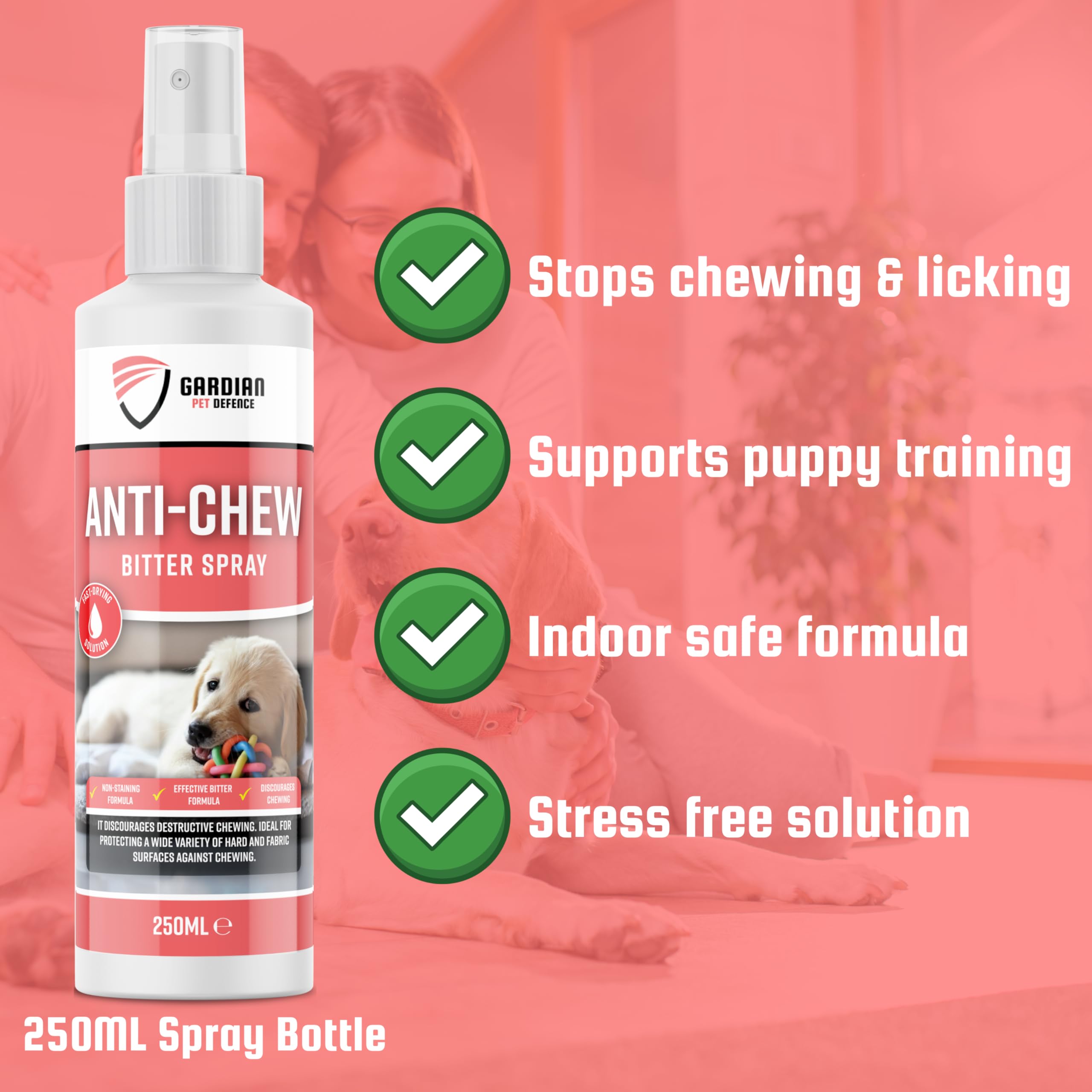 Gardian Spray anti masticazione per cani, formula amara, deterrente e repellente per cani, blocca mobili, corde e zampe, aiuto per l'addestramento dei cuccioli, 250 ml