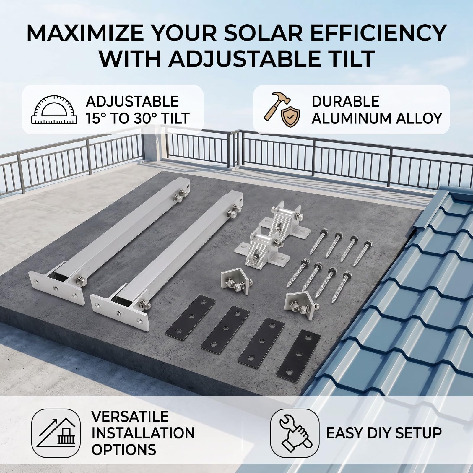 ASHATA Staffe Regolabili per Pannelli Solari, Supporti in Alluminio | Heavy Duty Solar Rack with 16.5-27.5in Adjustable Legs for Balcony, Roof