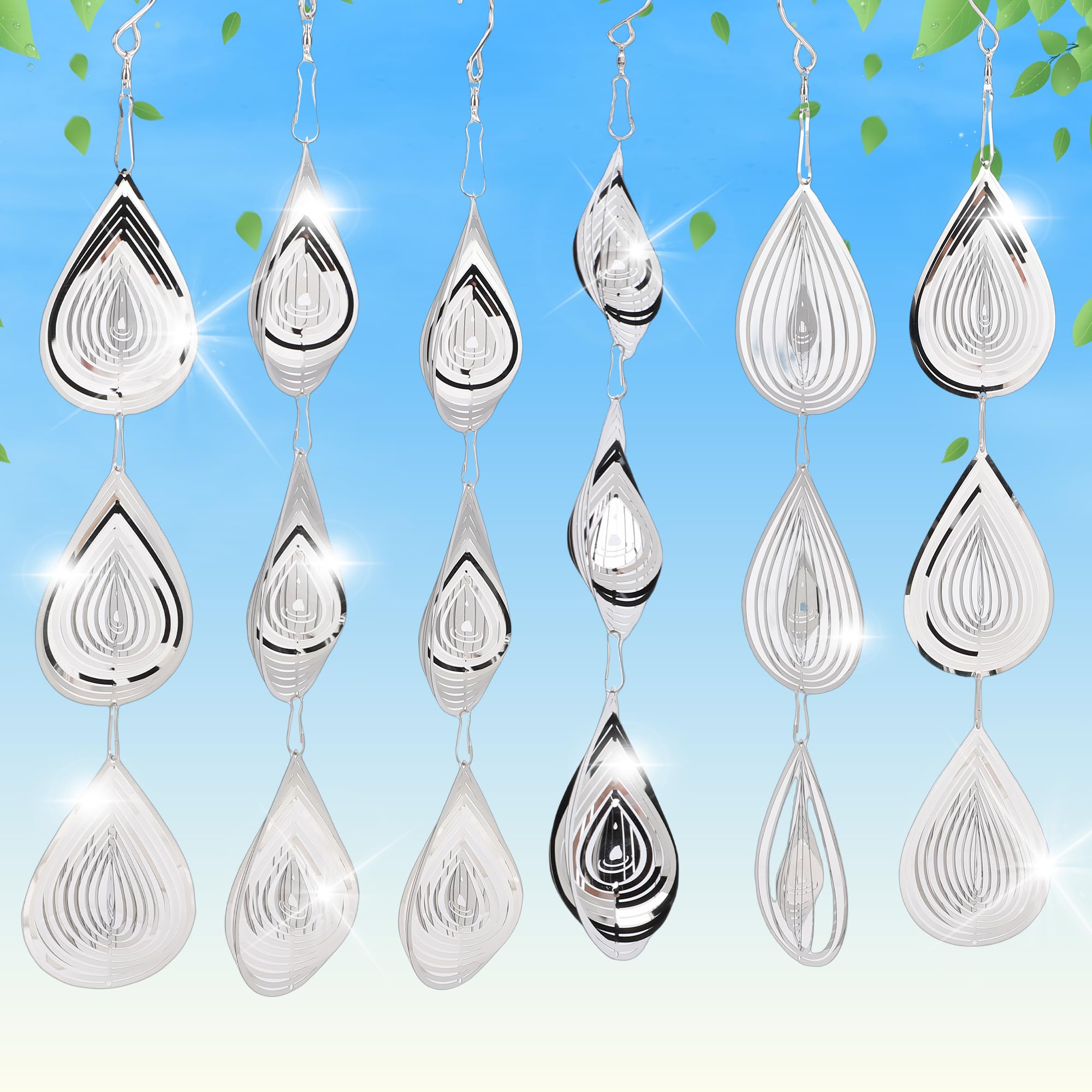 MEKOTRIN 6Pcs Stainless Steel Wind Spinner for Garden, Hanging Reflective 3D Water Drop Pigeon Deterrent, Bird Scarer, Metal Wind Chimes Garden Hanging Ornaments Outdoor Yard Decor