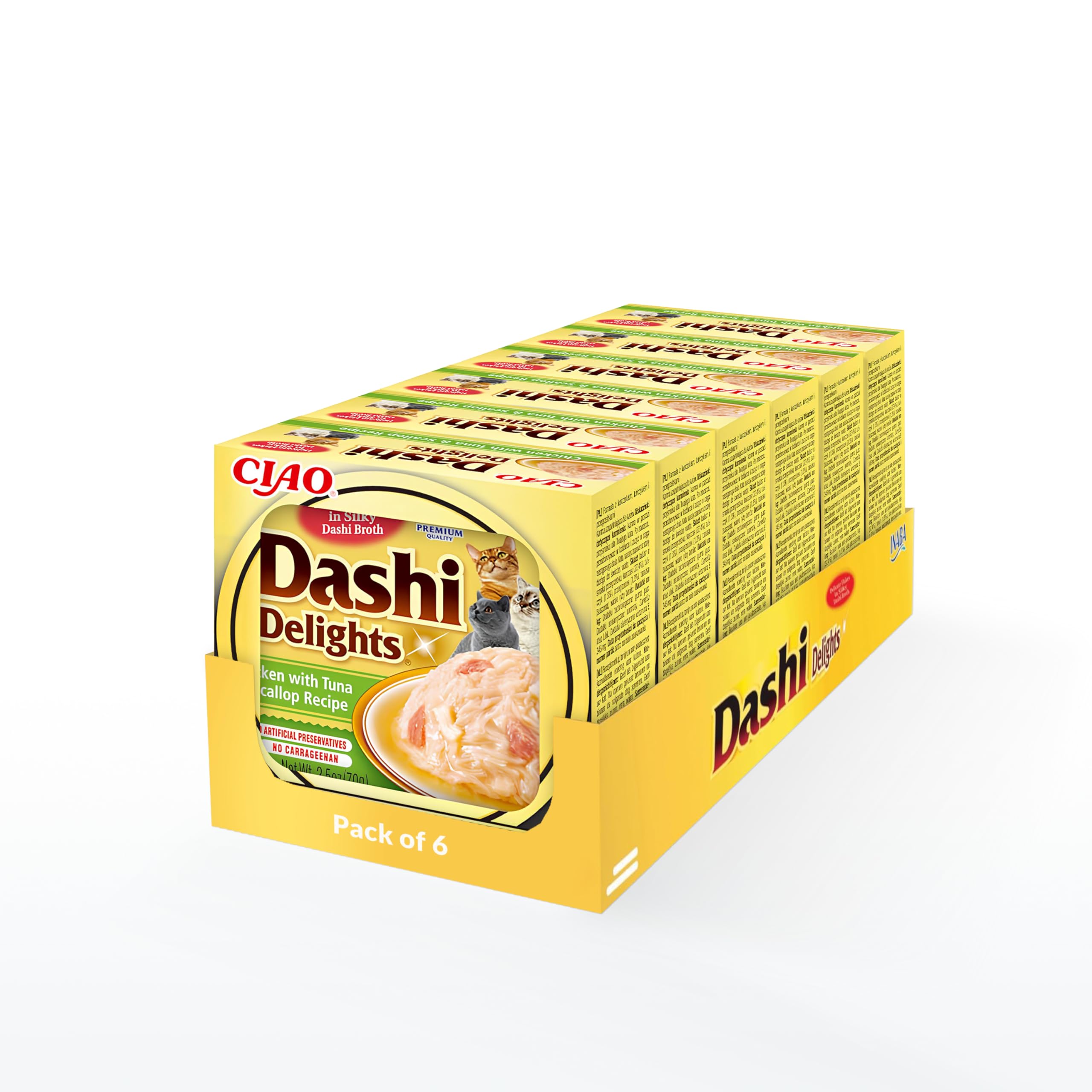 INABA Dashi Delights: Chicken with Tuna & Scallop Recipe (6 x 70g) / Bits in Broth Cat Food Topping, Rich in Protein, Natural Ingredients, Delicious and Healthy, Wet Cat Food