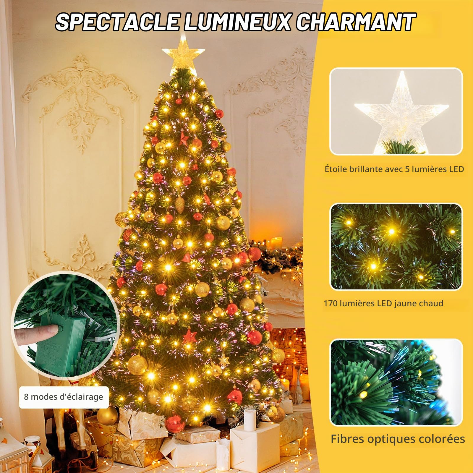LIFEZEAL Sapin de Noël avec LED, Arbrea de Noël en PVC avec 170 lumières LED, Sapin Artificiel Enneigé avec 8 Eeffets Lumineux, Sapin Artificiel avec Support Métallique, Vert (150cm)