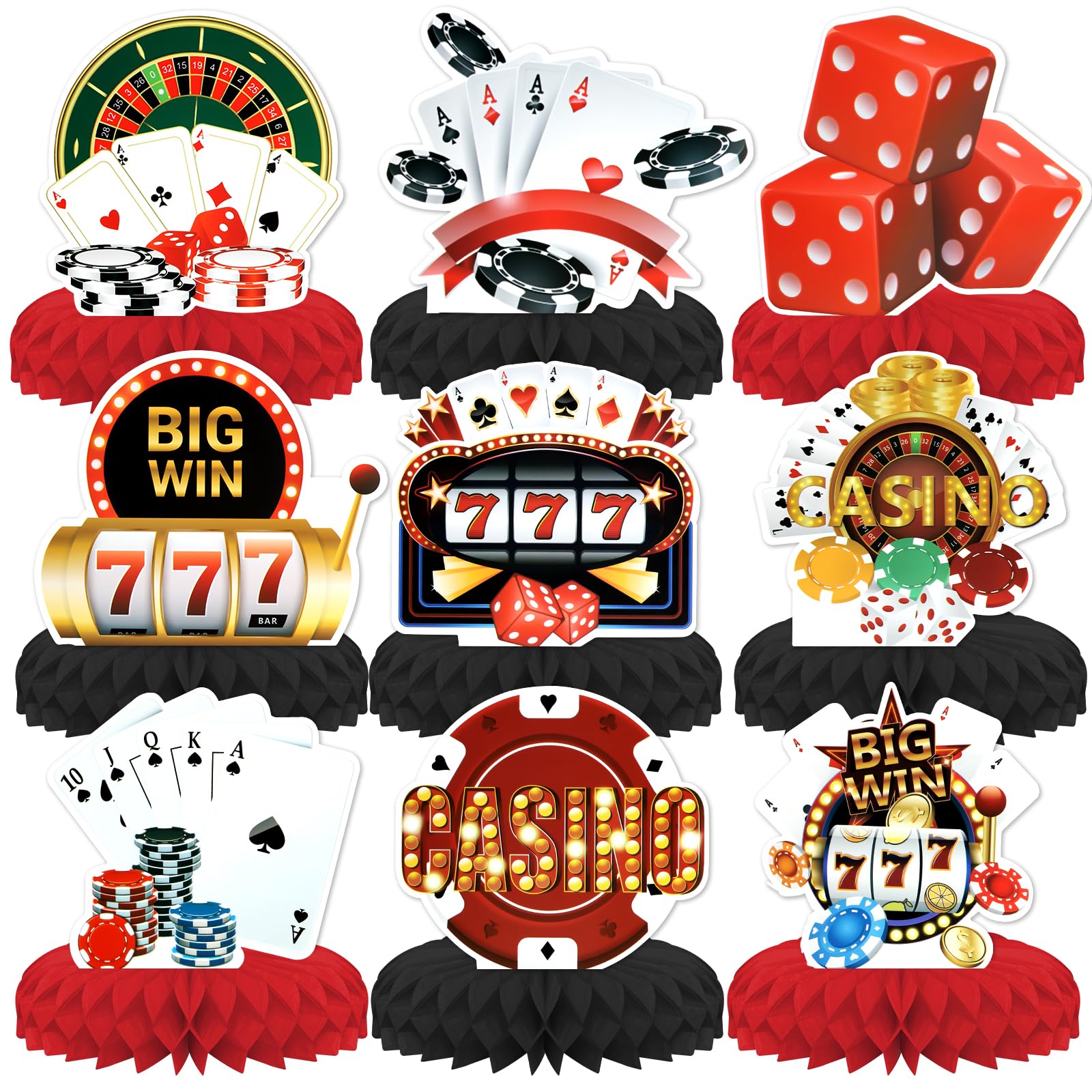 Casino Theme Party Decorations,9 PCS KSKSPE Casino Centerpieces for Tables Honeycomb Centerpieces 3D Casino Theme Party Decor Supplies Boys Girls