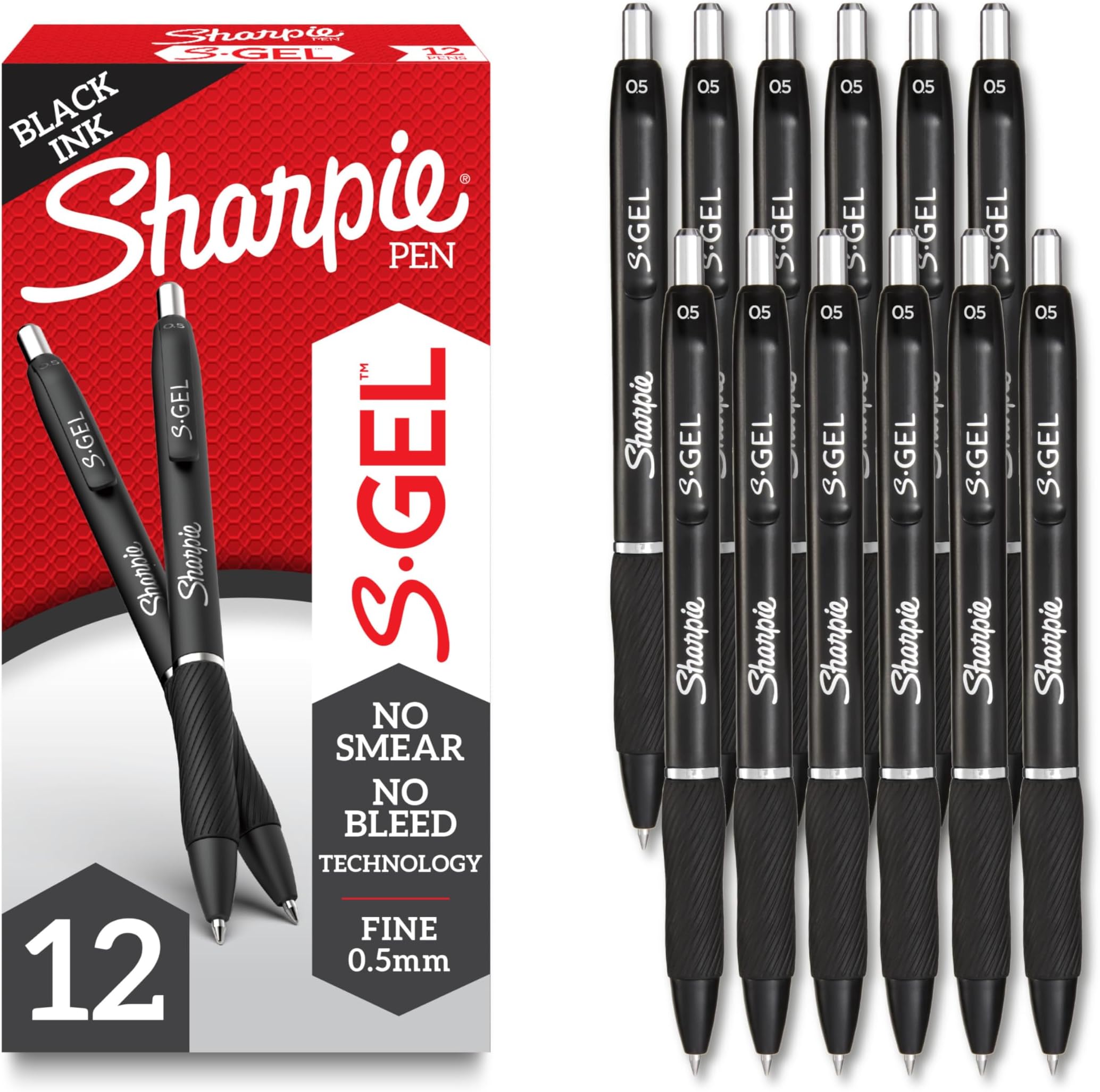 SHARPIE S-Gel, Gel Pens, Fine Point (0.5mm), Black Ink Gel Pen, 12 Count