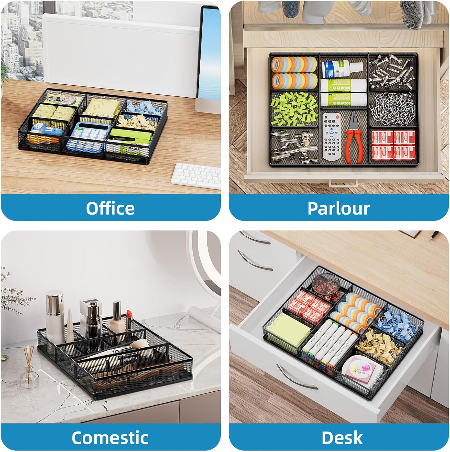 Marbrasse Desk Drawer Organizer, Metal Mesh Drawer Organizer Tray with 5 Adjustable Compartments,Desk Organizers and Accessories for Home,Office,Kitchen,Makeup,Vanity (Black) - Image 4