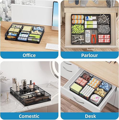 Miniatura 4 de Marbrasse Organizador de cajones de escritorio, bandeja organizadora de cajones de malla metálica con 5 compartimentos ajustables, organizadores de