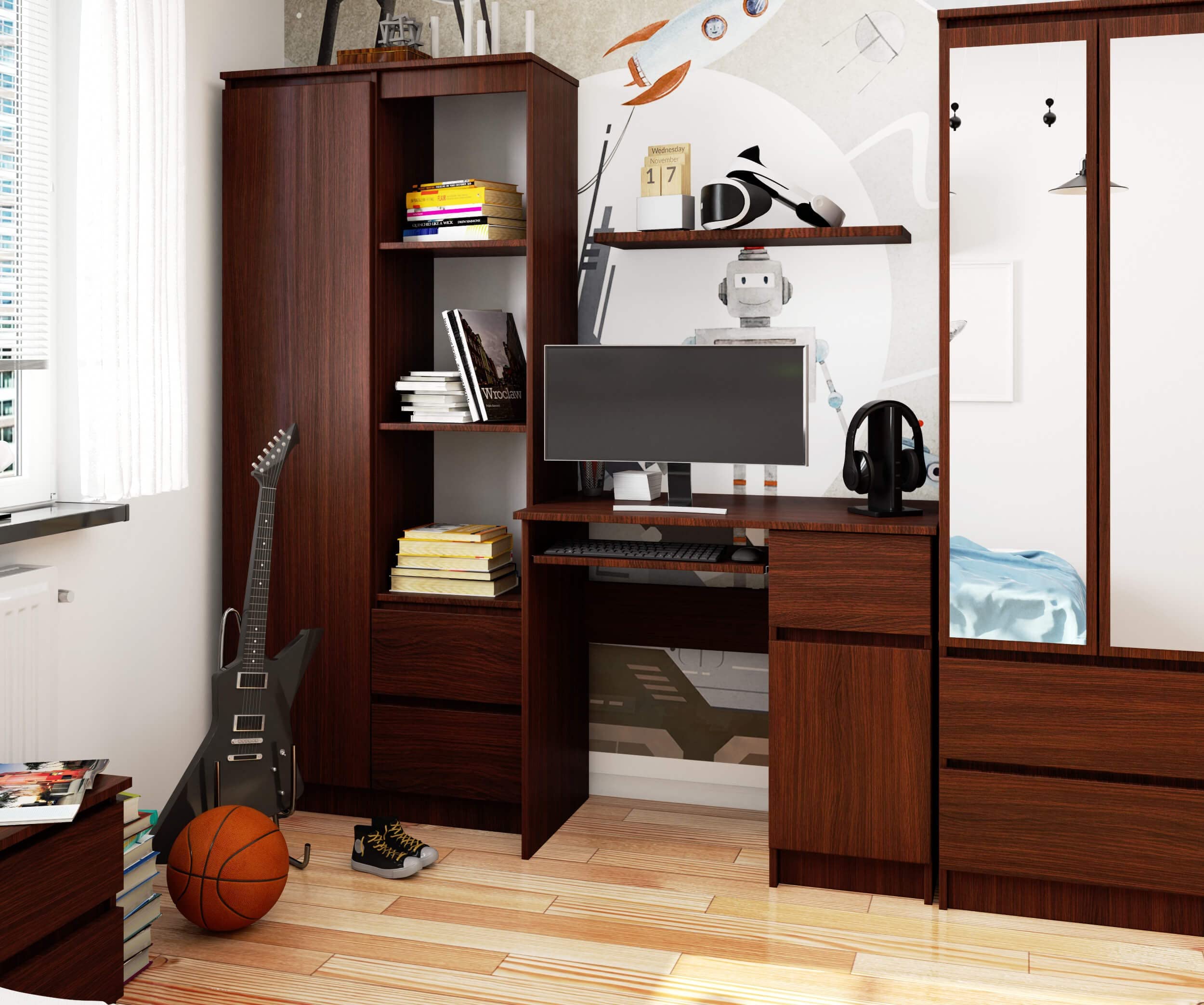 AKORD | Escritorio con Estante para Teclado | Escritorio de Oficina | Cajón y Contenedor en el Lado Derecho | para Computadora PC Portátil | 90x77x50 cm | 30 kg Wengé