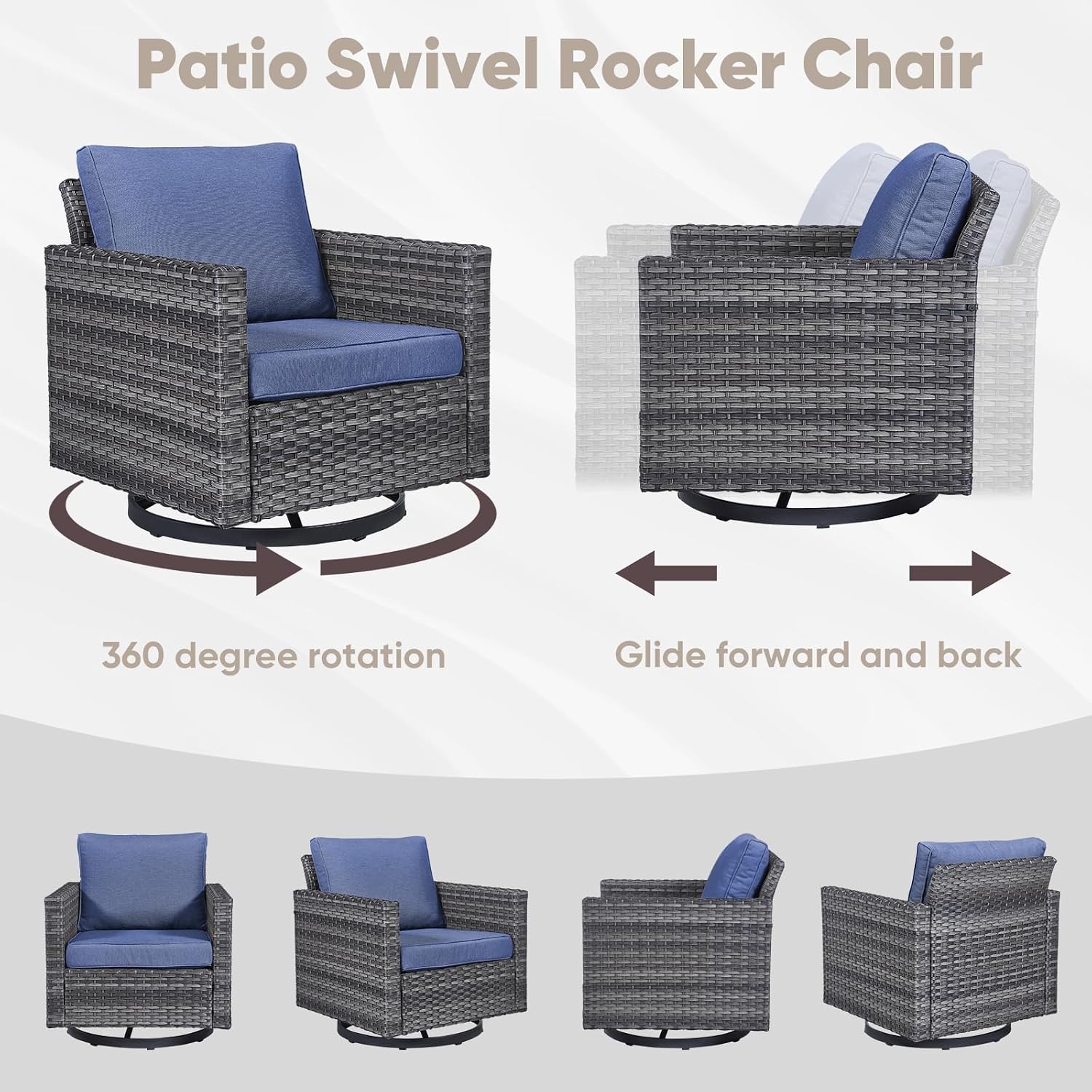 Wicker Patio Furniture Set: 7-Piece Outdoor Furniture Set with 2 Swivel Chairs, Side Table, Coffee Table, 2 Ottomans, and 1 Couch - Grey/Blue