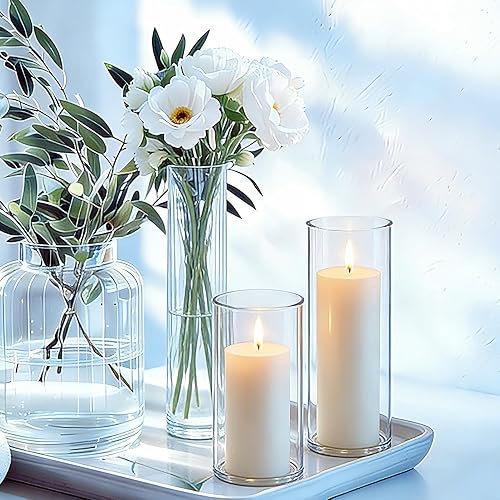 Miniatura 3 de Juego de 3 velas de pilar blanco y portavelas de cristal de huracán, jarrones cilíndricos para velas de pilar, juego de velas blancas para fiestas