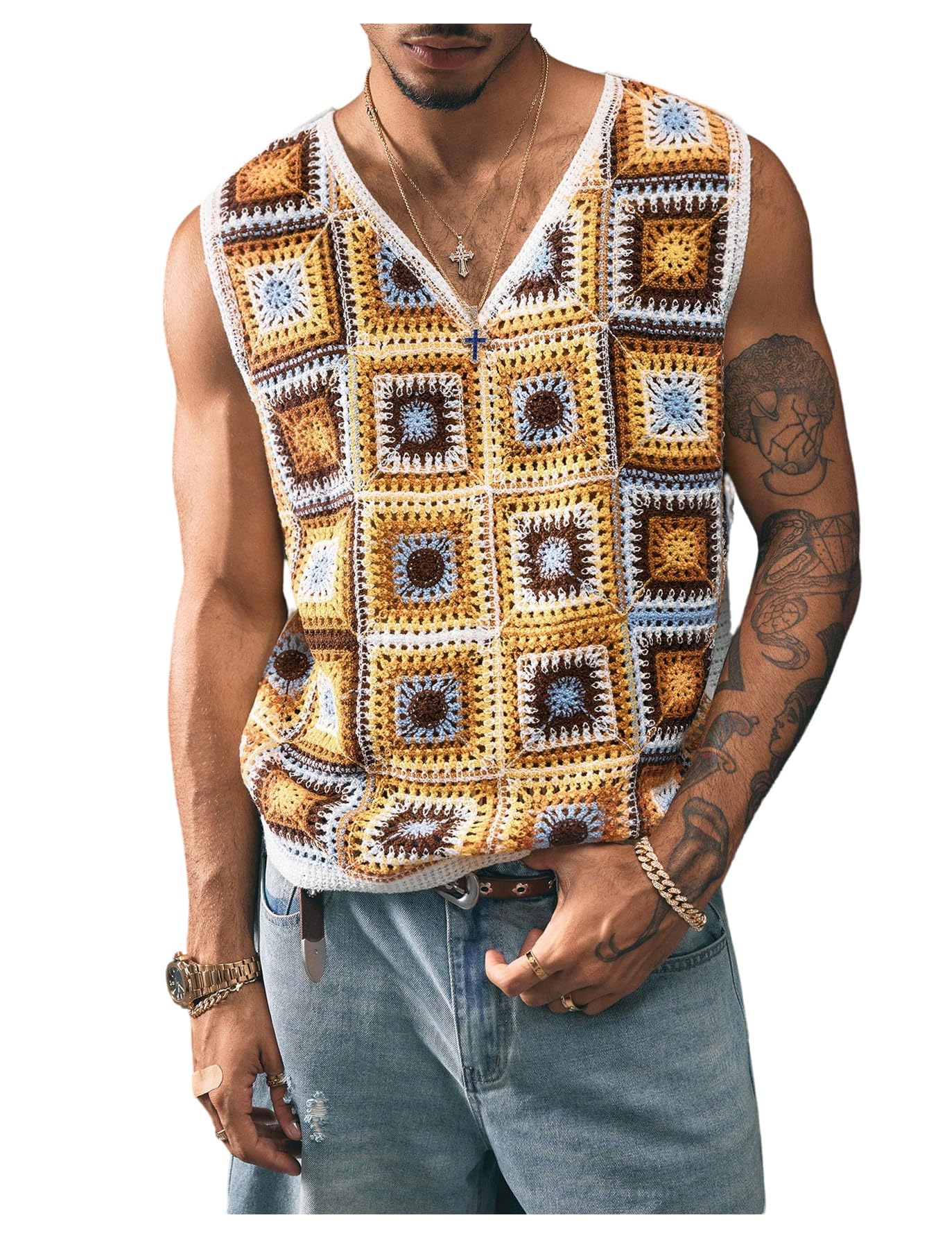 Verdusa Men's Boho Floral Crochet Sweater Vest Summer Streetwear Going Out Knit Tops