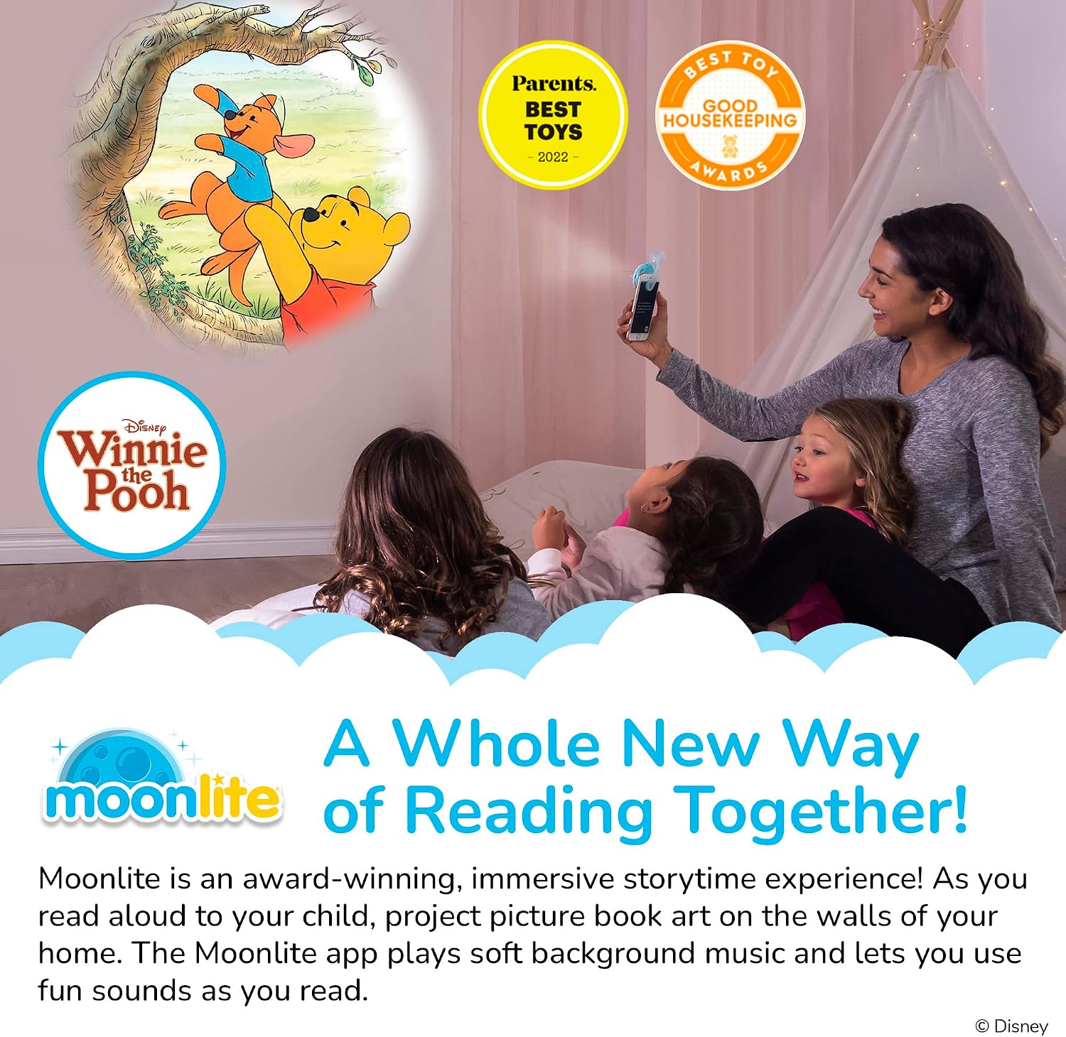 Moonlite Mini Projector with 5 Classic Winnie The Pooh Stories - A New Way to Read Stories Together - 5 Digital Stories with Light Projector - Winnie The Pooh Toys and Gifts for Kids Ages 1 and Up
