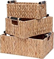 YOCAHAO 3 Pack Water Hyacinth Storage Baskets with Wooden Handles - Handwoven Bins for Organizing Toys, Nursery, Home Essentials
