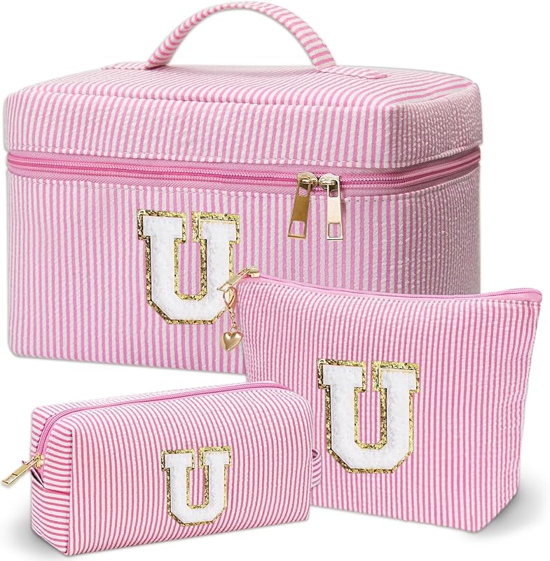 Necessaire de maquiagem com monograma Adoryoung, conjunto com 3, letra U, rosa