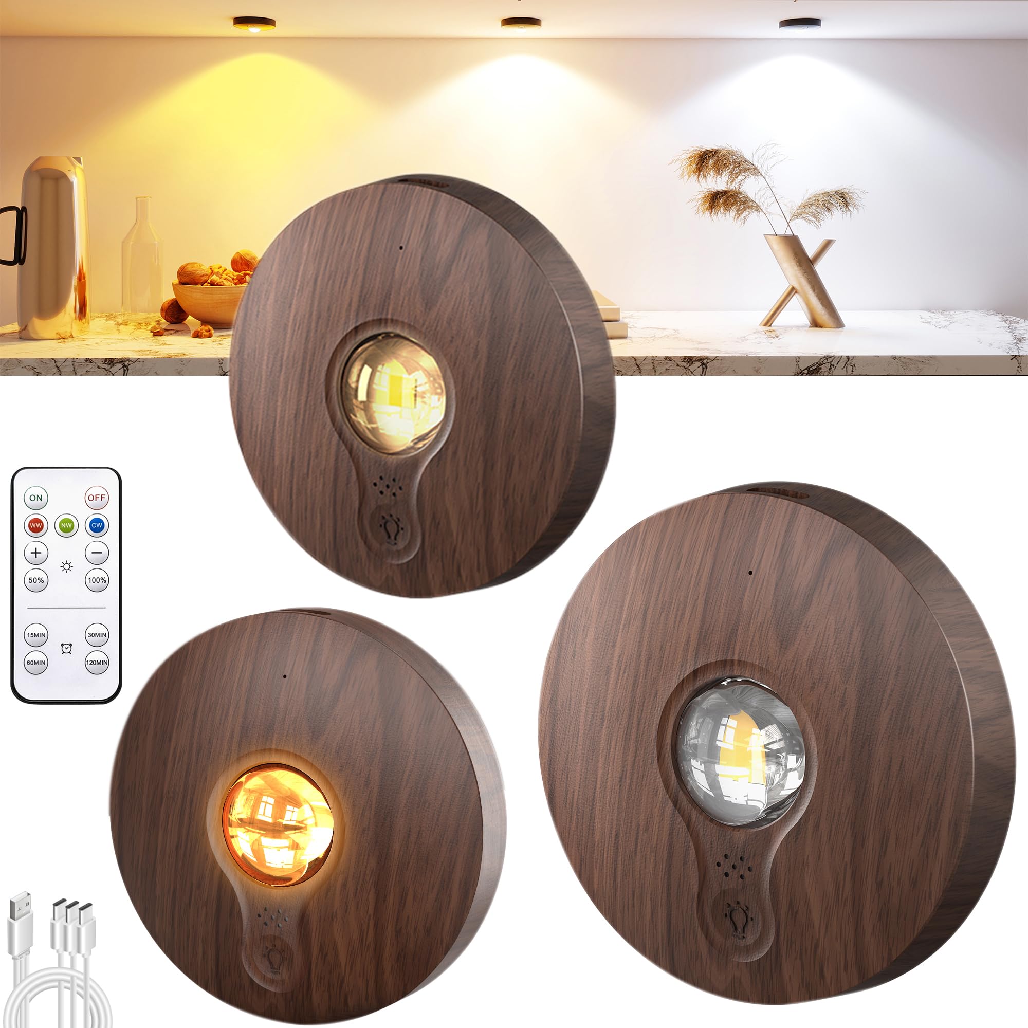 UNUSROOM Rechargeable Puck Lights with Remote Control,2000mAh High Capacity Battery Operated LED Under Cabinet Lighting,Dimmable Tap Stick On&amp; Wireless Closet Light for Kitchen Counter