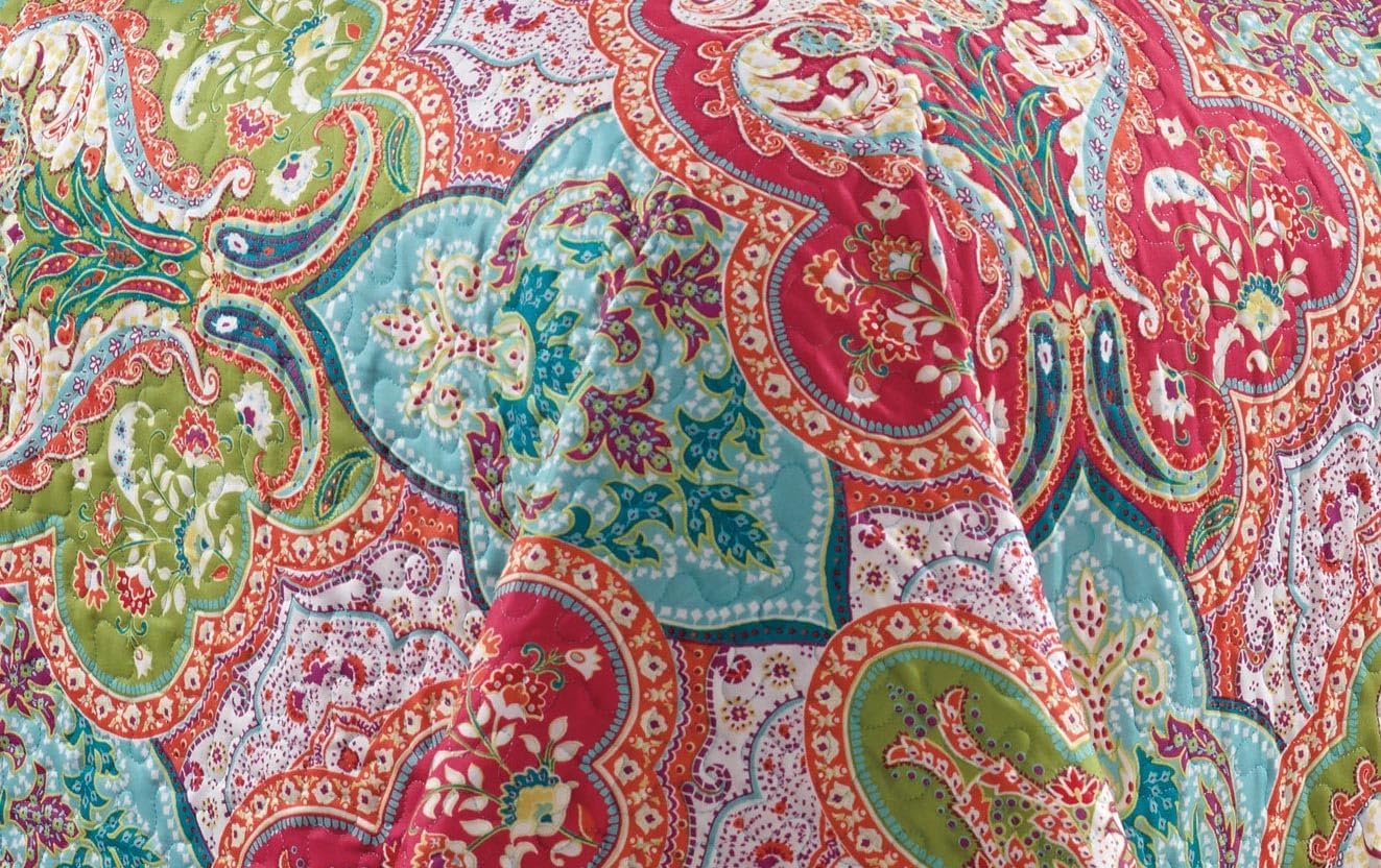 Grand Linen 3-Piece California King Size Oversized Quilt Set 120" X 95" All-Season Large Bedspread Pillow Shams Soft Lightweight XL Coverlet Turquoise Blue Sage Green Orange Red Colors Paisley Pattern