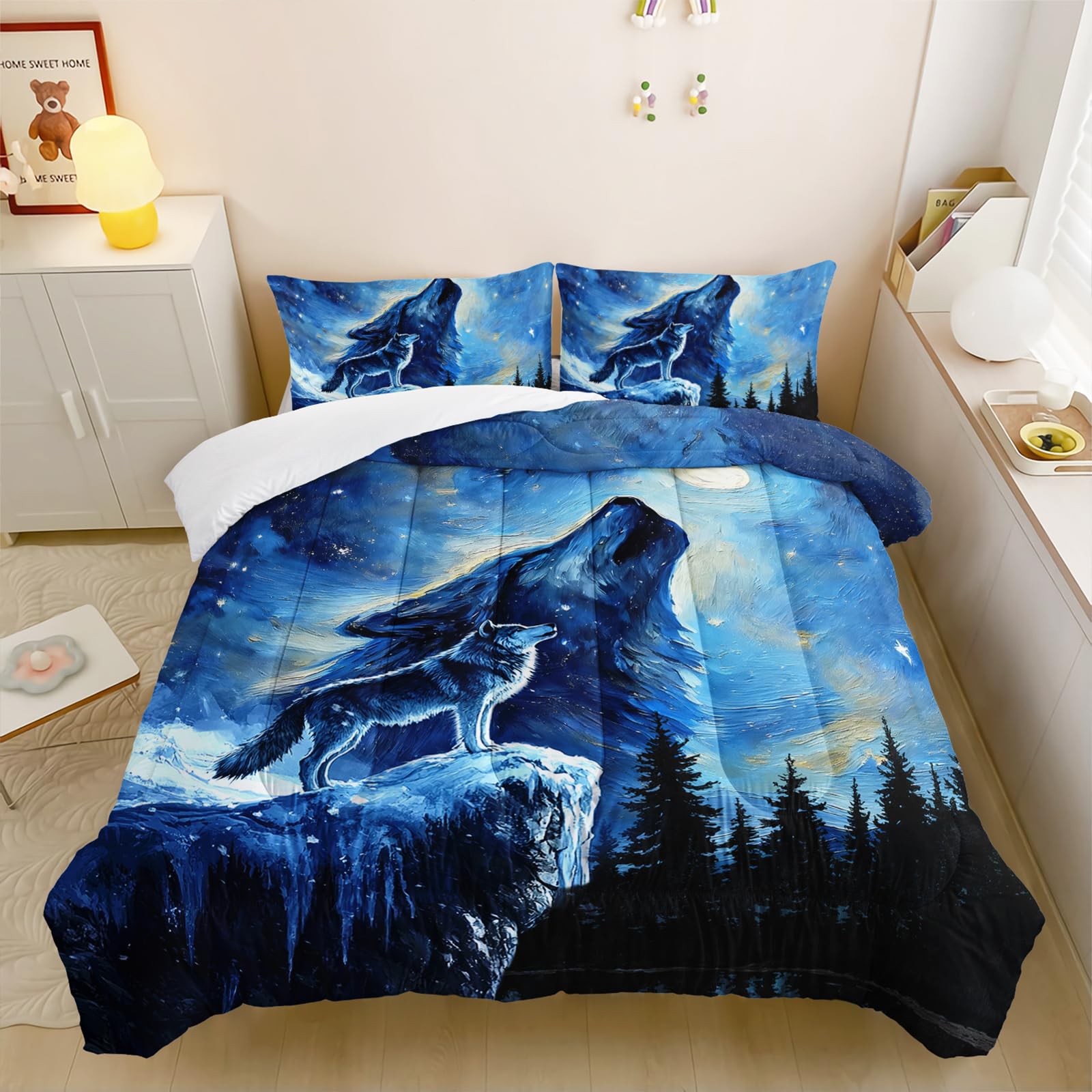 Wolf Comforter Set King for Boys Girls,Howling Wolves Night Moon Comforter Mountain Forest Wolf Bed Set,Wild Animals Quilt Set for Adults Kids Bedroom Decor,All Seasons