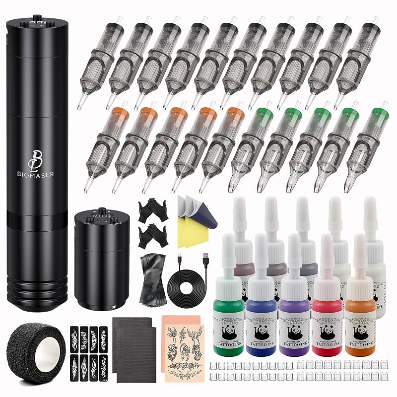 Kit para tatuagem BIOMASER sem fio com máquina rotativa, 20 agulhas cartucho, 2 baterias e conjunto de tintas