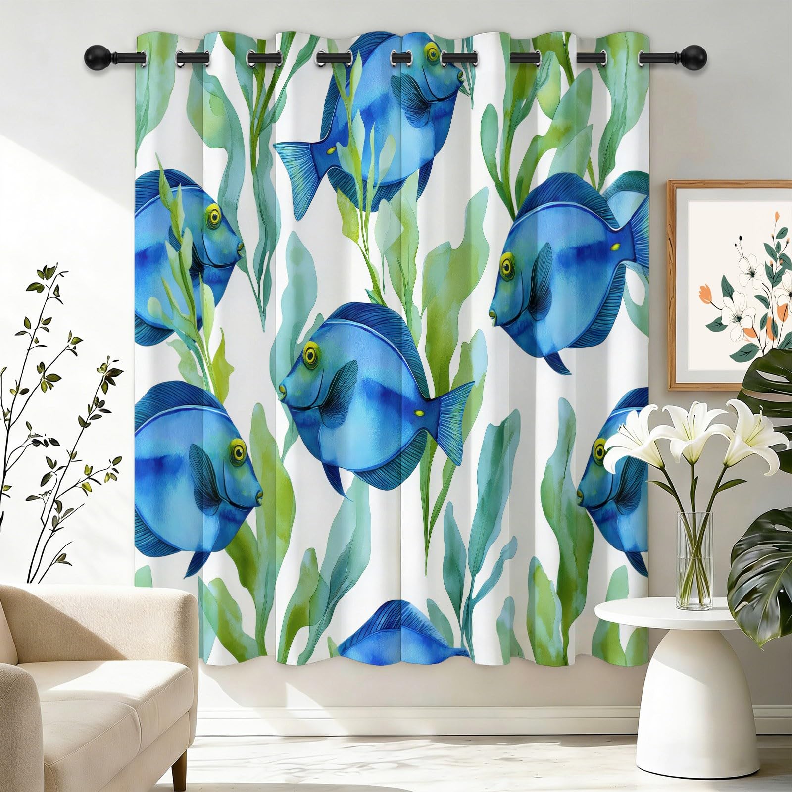Verdunkelungsvorhänge mit Ösen H 175 × B 140 cm (2er Set), Aquarell Ozean Doktorfisch Bedruckte Thermo Vorhänge für Schlafzimmer & Kinderzimmer, Blickdichte Gardinen Lärmschutz, Weiß