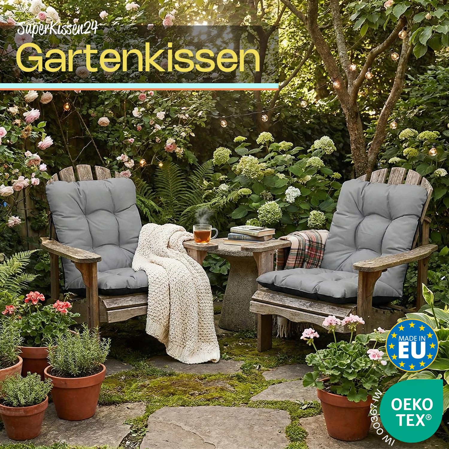 Outdoor Sitzkissen Stuhlkissen - 2er Set 48x96 cm - Made in EU, Wasserdichtes & UV-beständig Gartenkissen Rückenkissen - Stuhlauflage Stuhlpolster für Balkonstühle - Grau