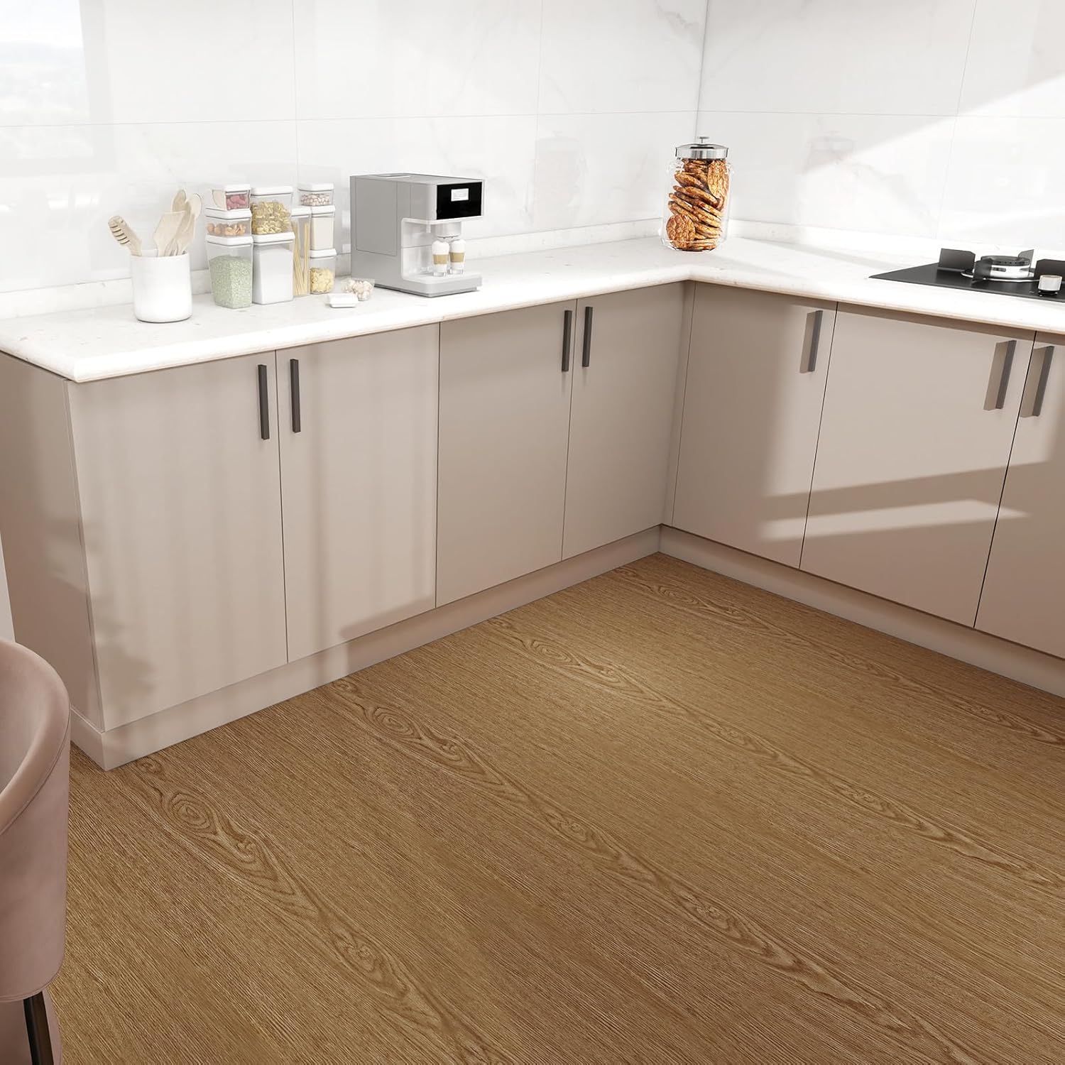 Wood Grain Vinyl Flooring Roll Brown Set of 15.7 x 394 Inches Peel and Stick Floor Tiles, Self-Adhesive Waterproof Floor Roll for Kitchen,Bathroom,Rental, Easy Install and Removable