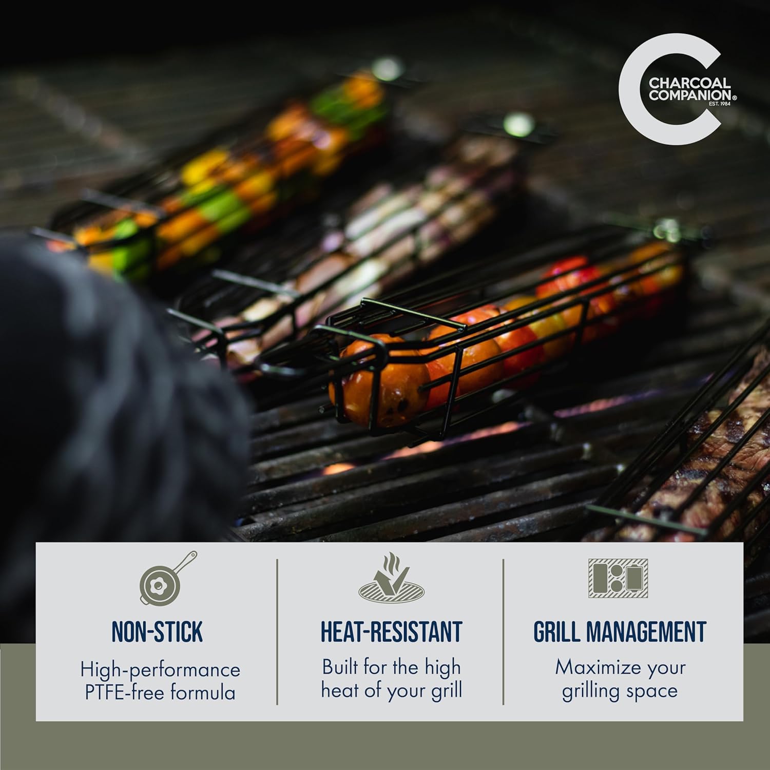Charcoal Companion Nonstick Kabob Grilling Baskets, Set of 4