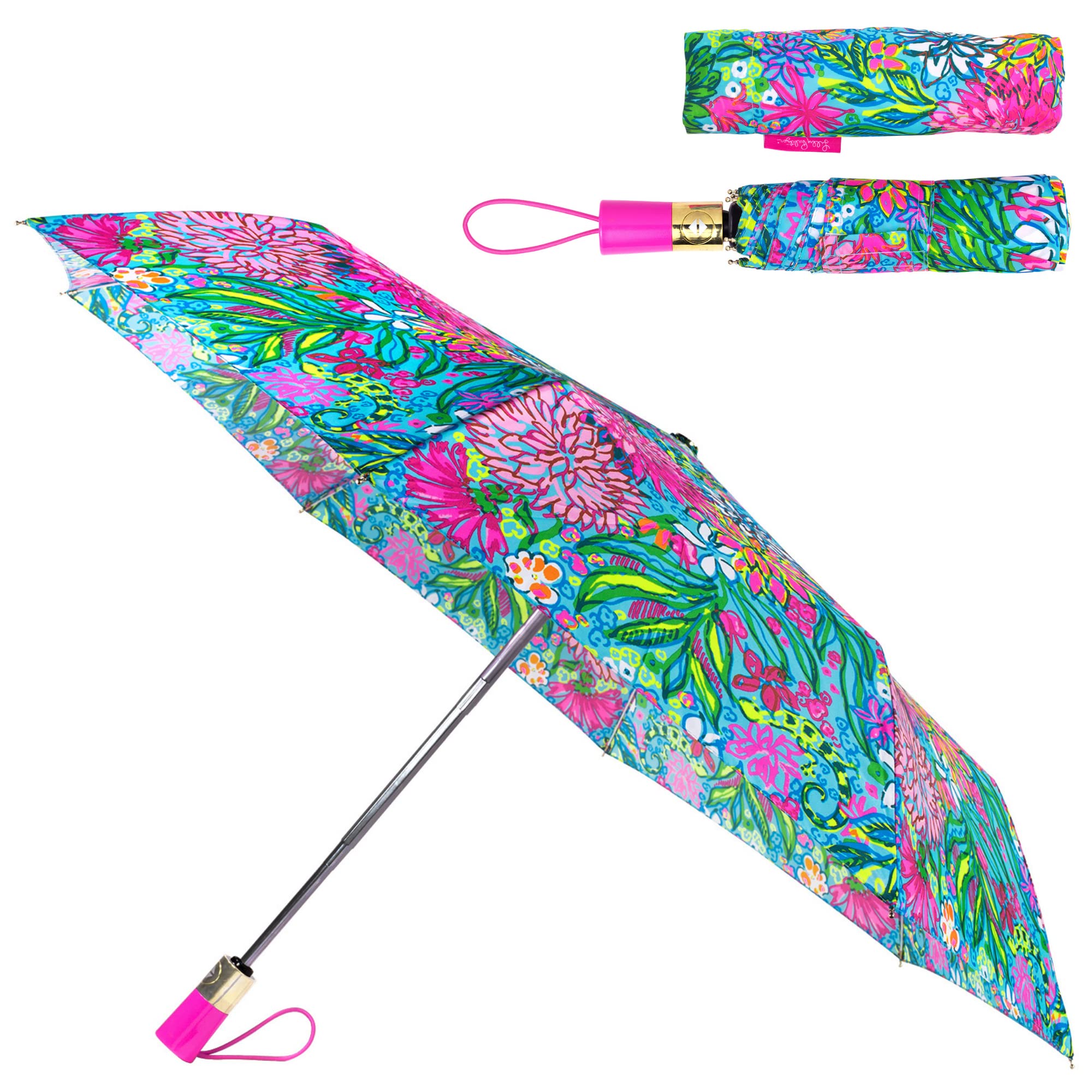 Lilly Pulitzer Travel Umbrella Compact, Cute Umbrella with Automatic Open and Storage Sleeve, Folding Umbrella for Rain or Sun Protection