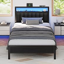 Furnulem Twin Size Bed Frame with Charging Station and LED Lights, Platform Bed with Metal Slats, Grey Upholstered Headboard with 2-Tier Storage Shelves, No Box Spring Needed