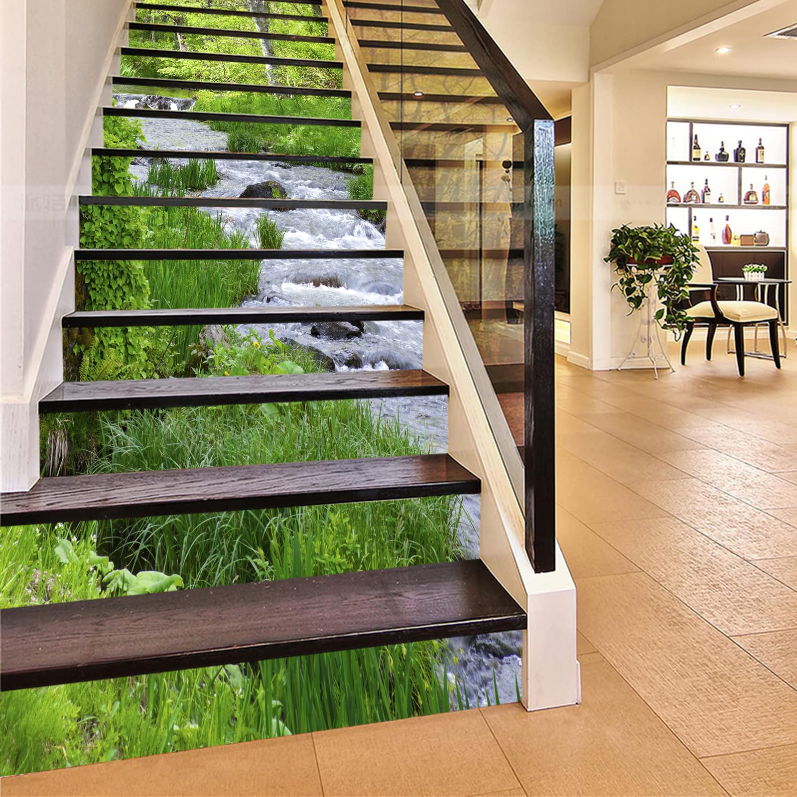 FLFK 13Pcs River Green Grass Stair Risers Sticker Peel and Sick 39.37"x7.08",Self-Adhesive Staircase Stickers Decals Mural Wallpaper for Home Decor โ image 1