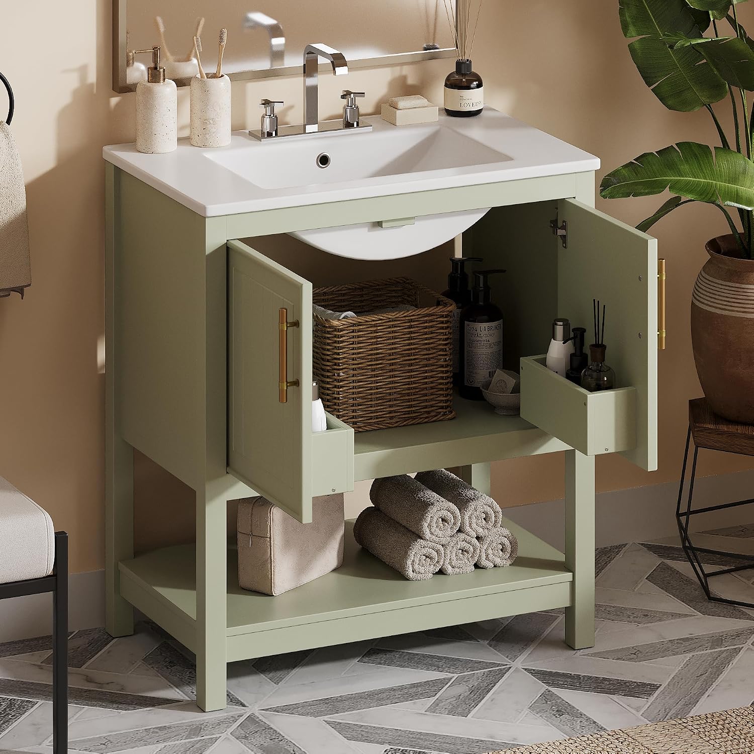 Favfurish 30" Bathroom Vanity with Ceramic Sink,Sink Cabinet w/Soft Closing 2 Doors and Bottom Shelf,Metal Handles,Freestanding Wooden Storage Cabinet,Solid Wood Frame,for Small Space,Green