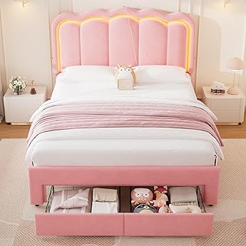 King Upholstered LED Bed Frame with 2 Storage Drawers and Adjustable Chic Double Wavy Headboard, Velvet Princess Platform Bed with Charing Station, Solid Wood Slats Support, No Box Spring Needed, Pink