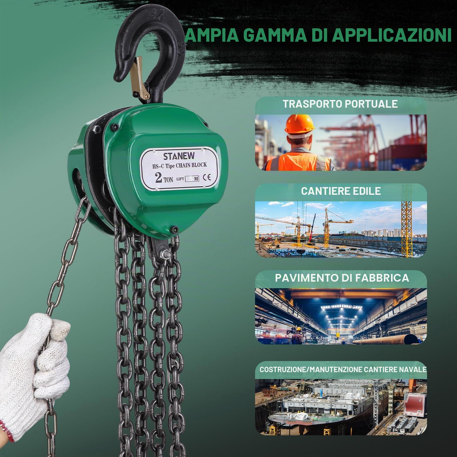 STANEW Paranco a catena manuale con gancio robusto, altezza di sollevamento 5M, doppia catena di ricarica, gancio di sicurezza, portata 2000KG,per operazioni di sollevamento in silvicoltura, officine